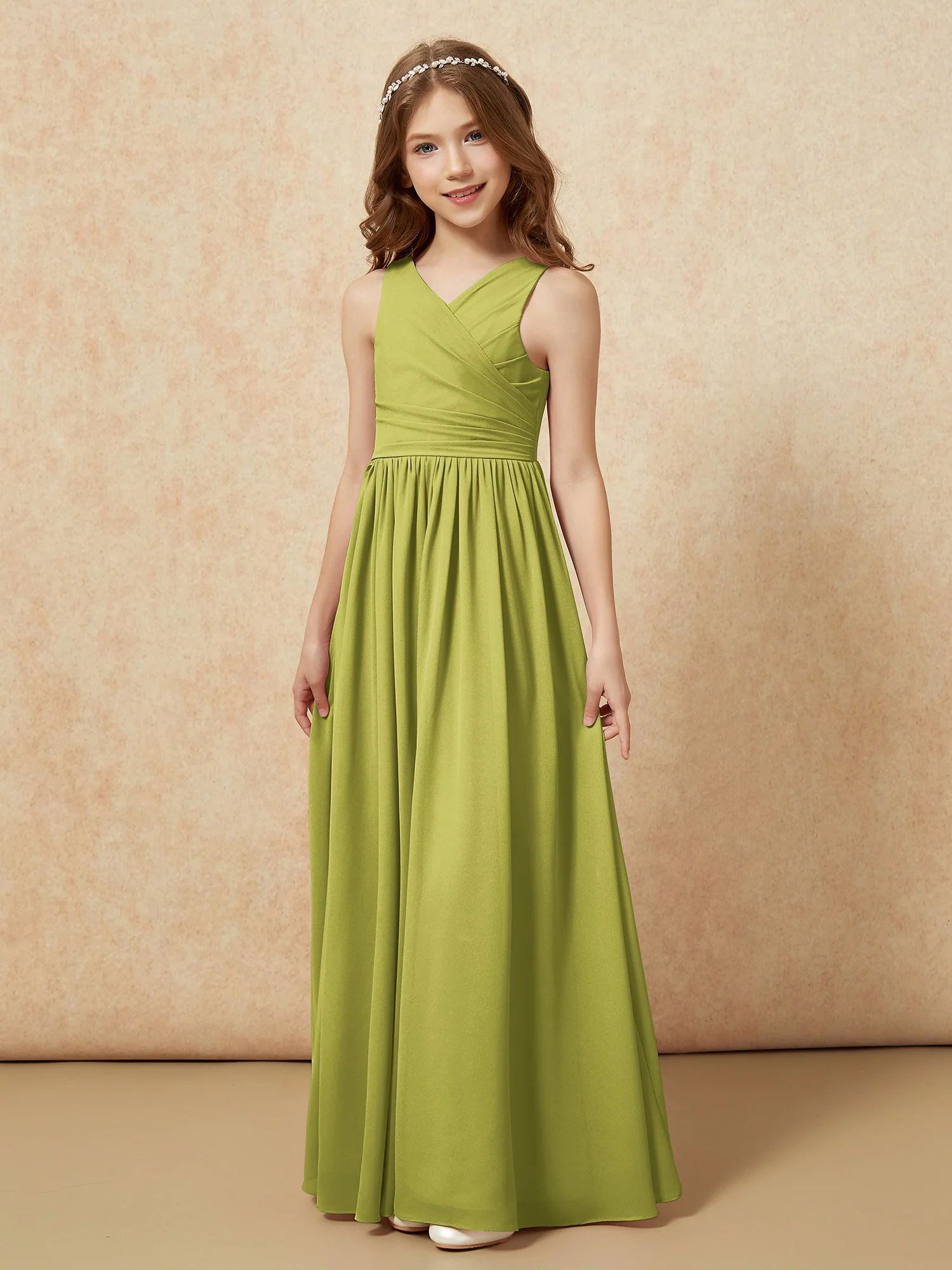 Pleated V-neck Chiffon Long Junior Bridesmaid Dresses Clover - Image 3
