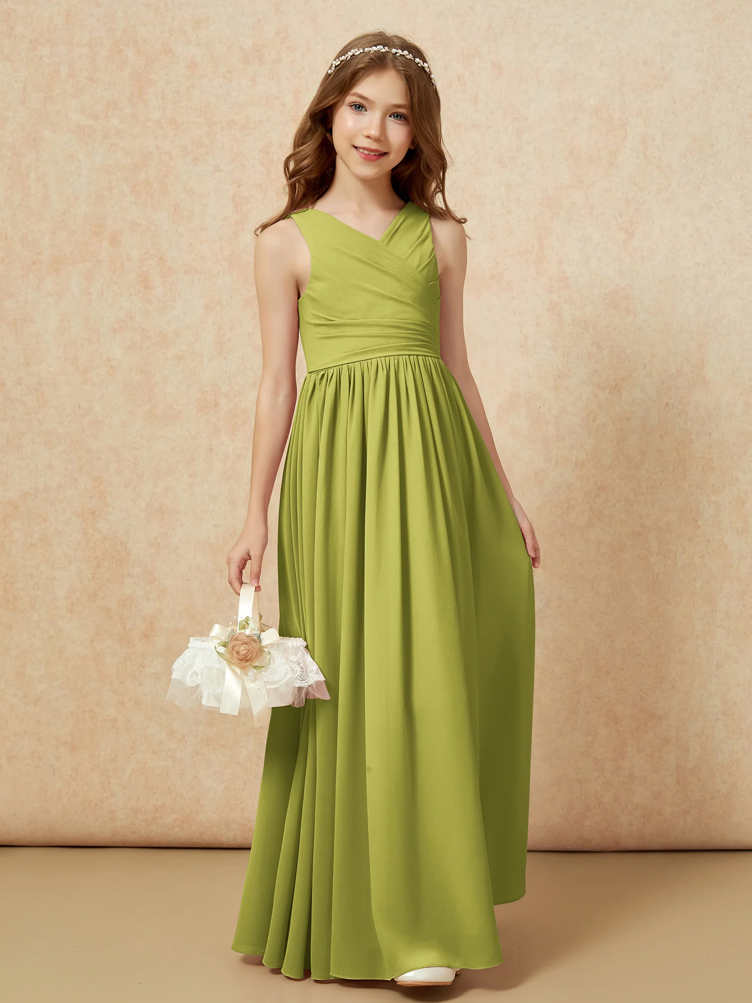 Pleated V-neck Chiffon Long Junior Bridesmaid Dresses Clover - Image 4