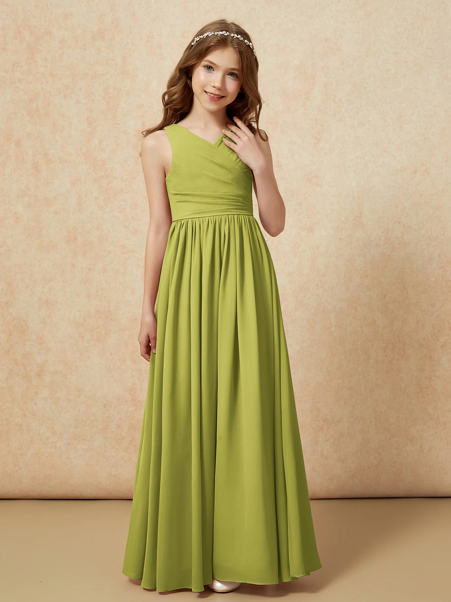 Pleated V-neck Chiffon Long Junior Bridesmaid Dresses Clover - Image 5