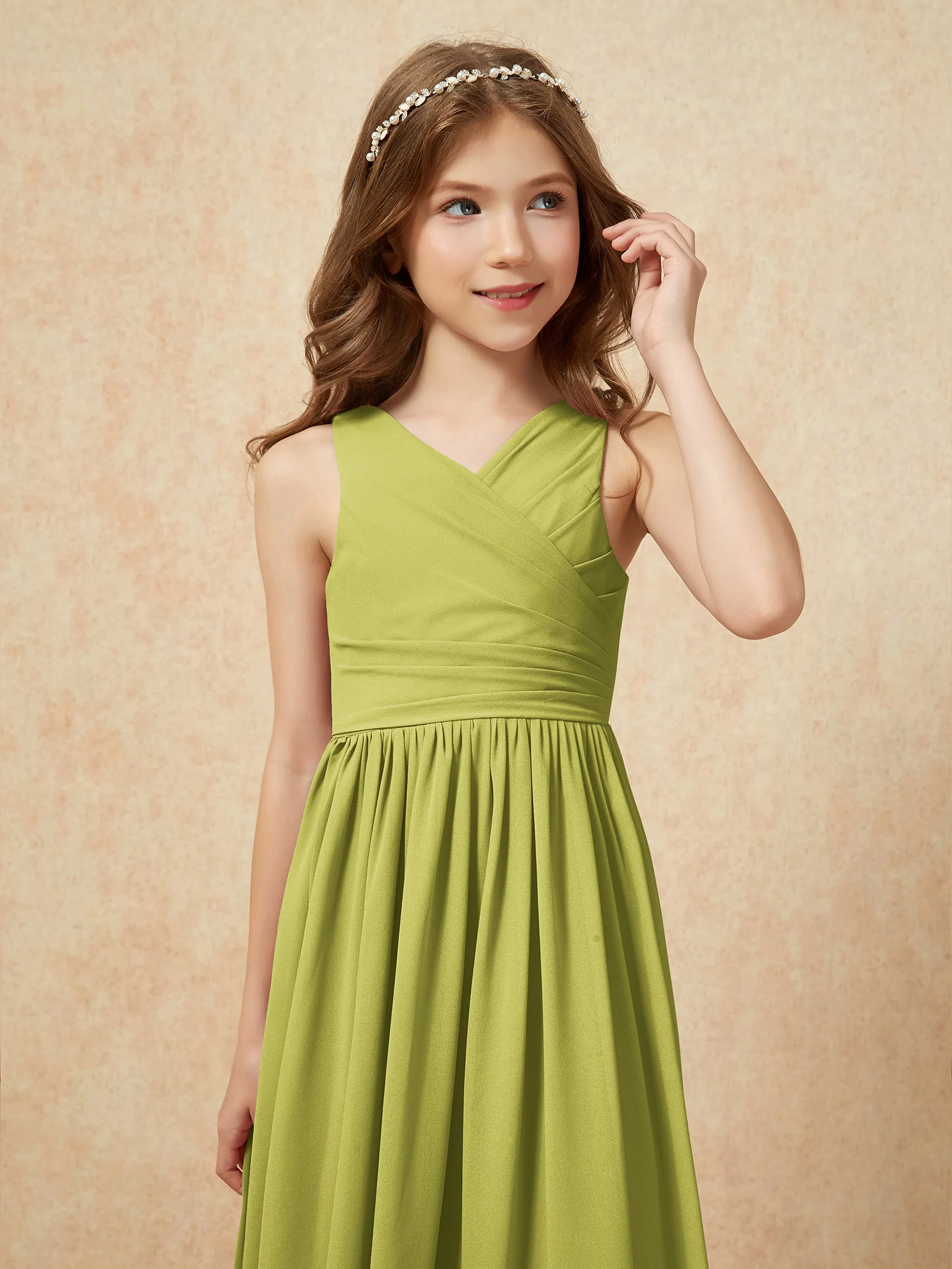 Pleated V-neck Chiffon Long Junior Bridesmaid Dresses Clover - Image 6