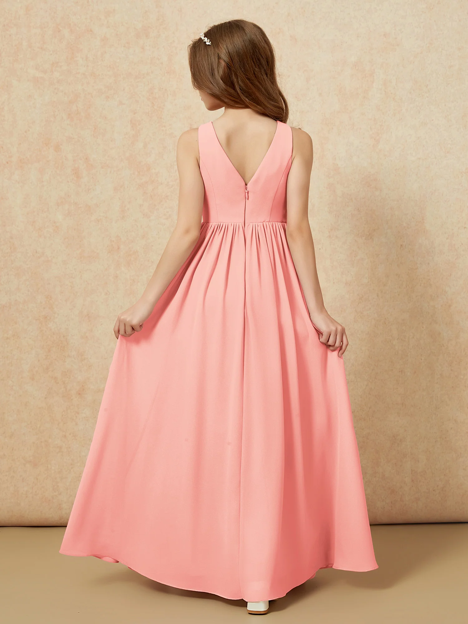 Pleated V-neck Chiffon Long Junior Bridesmaid Dresses Coral - Image 2