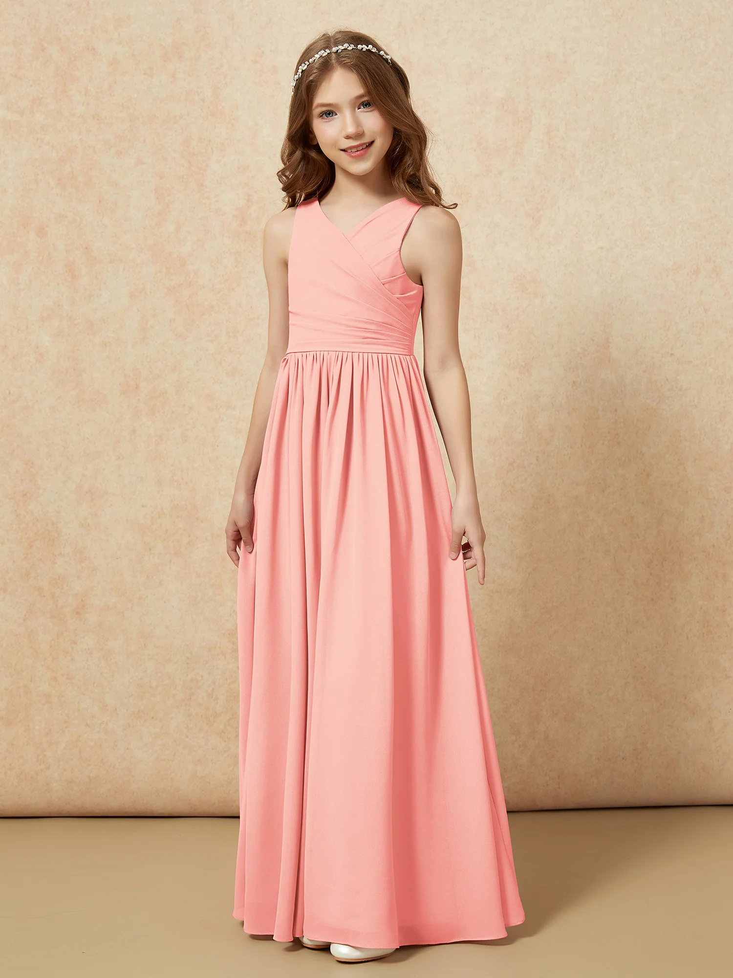 Pleated V-neck Chiffon Long Junior Bridesmaid Dresses Coral - Image 3