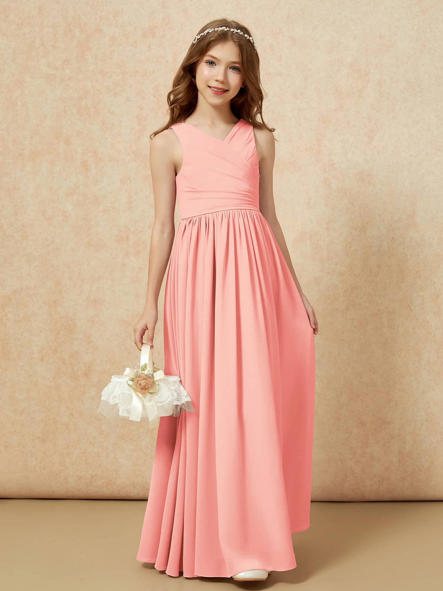Pleated V-neck Chiffon Long Junior Bridesmaid Dresses Coral - Image 4