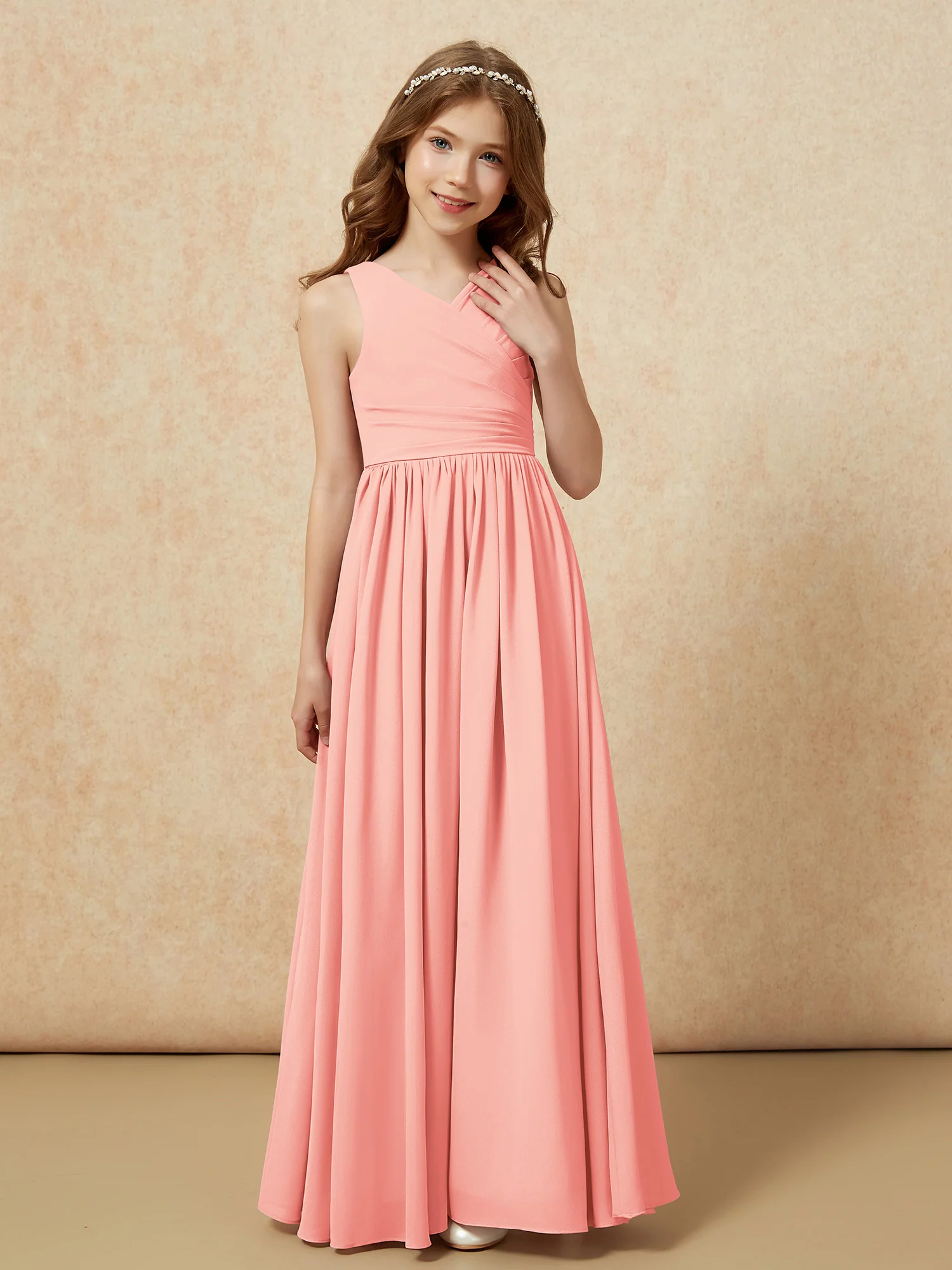 Pleated V-neck Chiffon Long Junior Bridesmaid Dresses Coral - Image 5