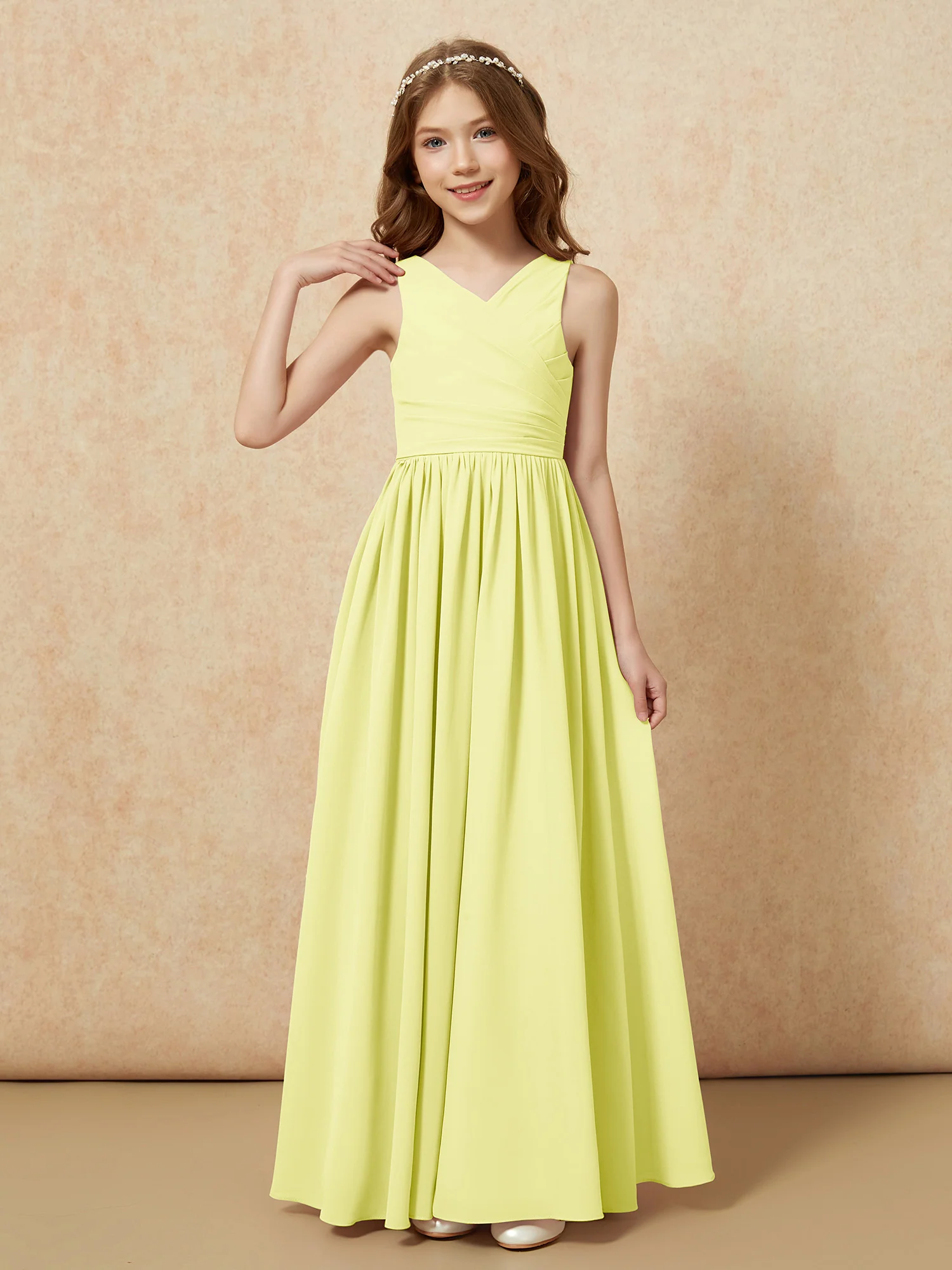 Pleated V-neck Chiffon Long Junior Bridesmaid Dresses Daffodil