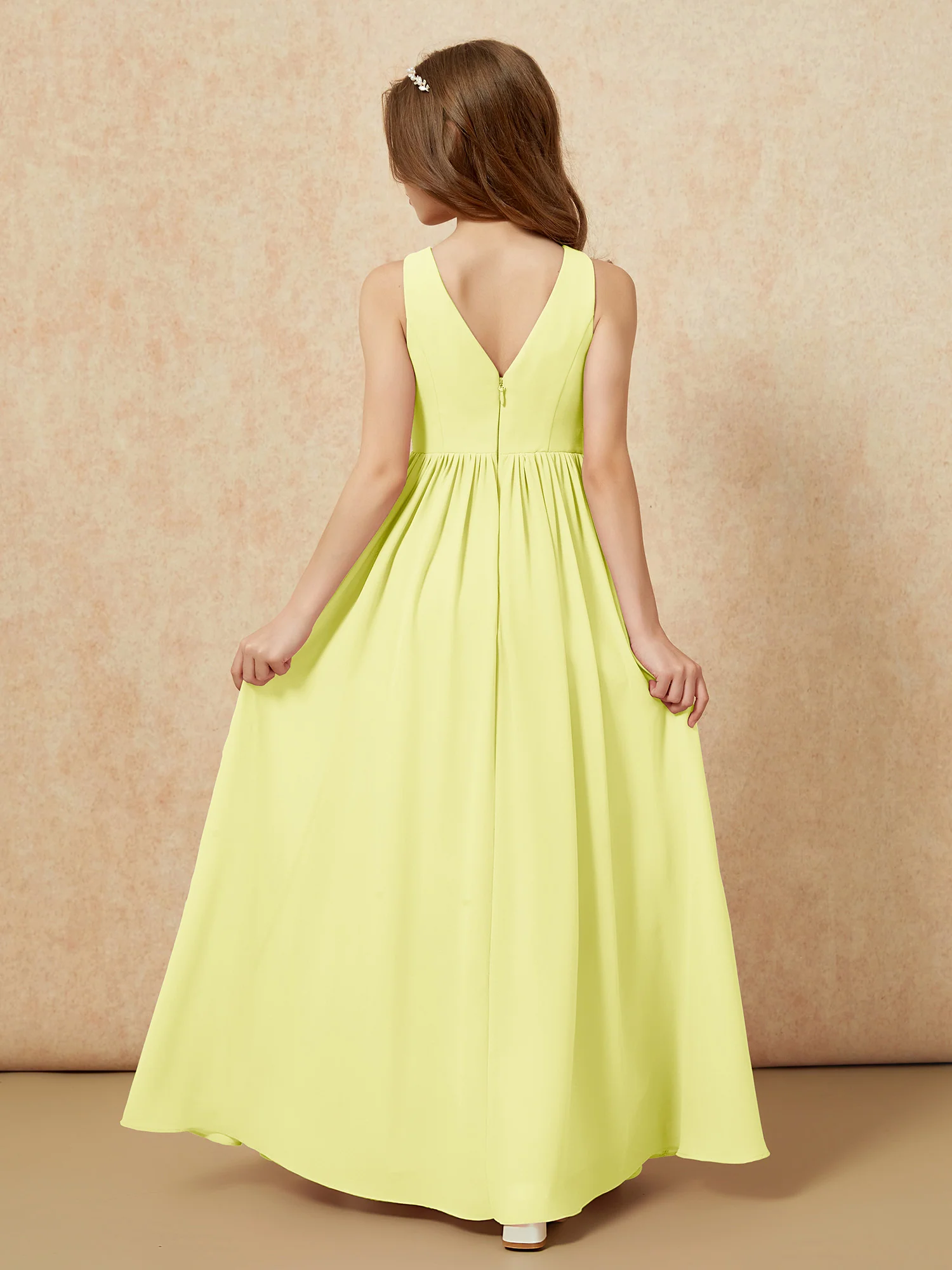Pleated V-neck Chiffon Long Junior Bridesmaid Dresses Daffodil - Image 2