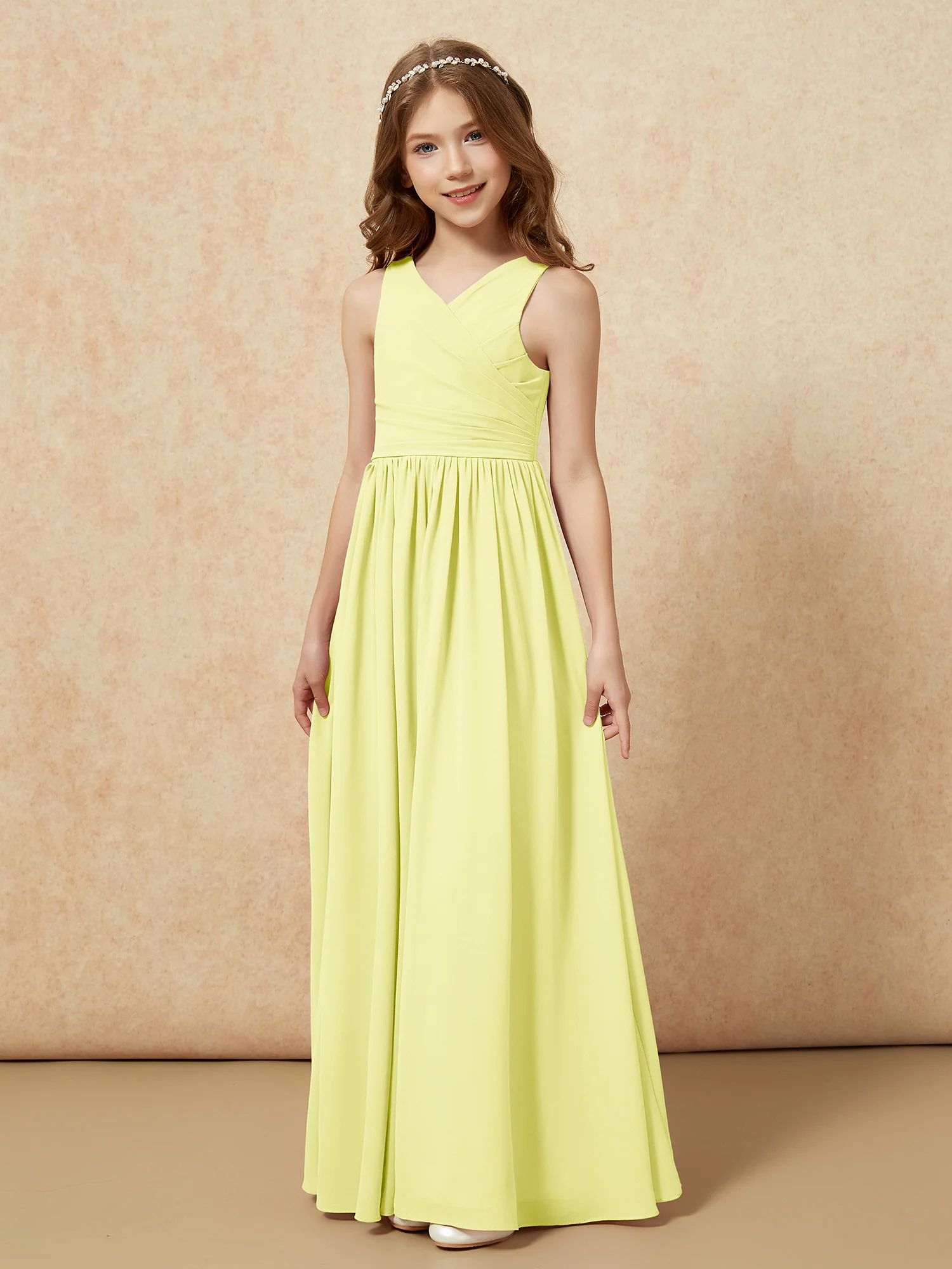 Pleated V-neck Chiffon Long Junior Bridesmaid Dresses Daffodil - Image 3