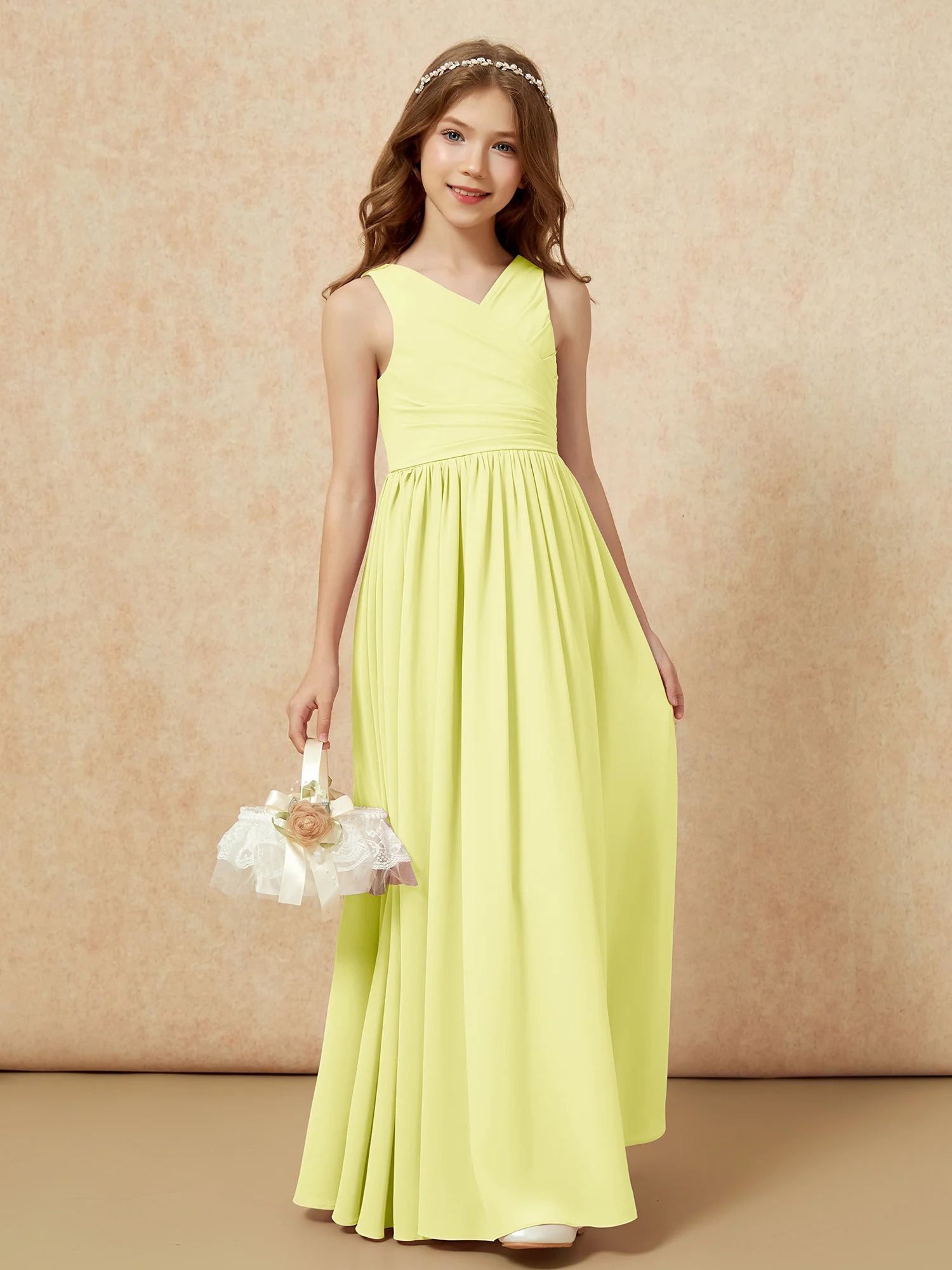 Pleated V-neck Chiffon Long Junior Bridesmaid Dresses Daffodil - Image 4