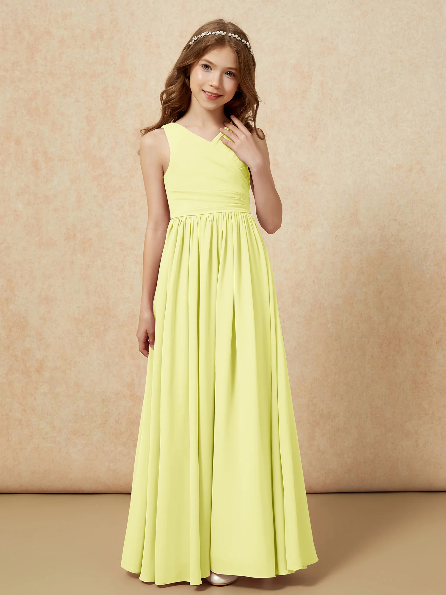 Pleated V-neck Chiffon Long Junior Bridesmaid Dresses Daffodil - Image 5