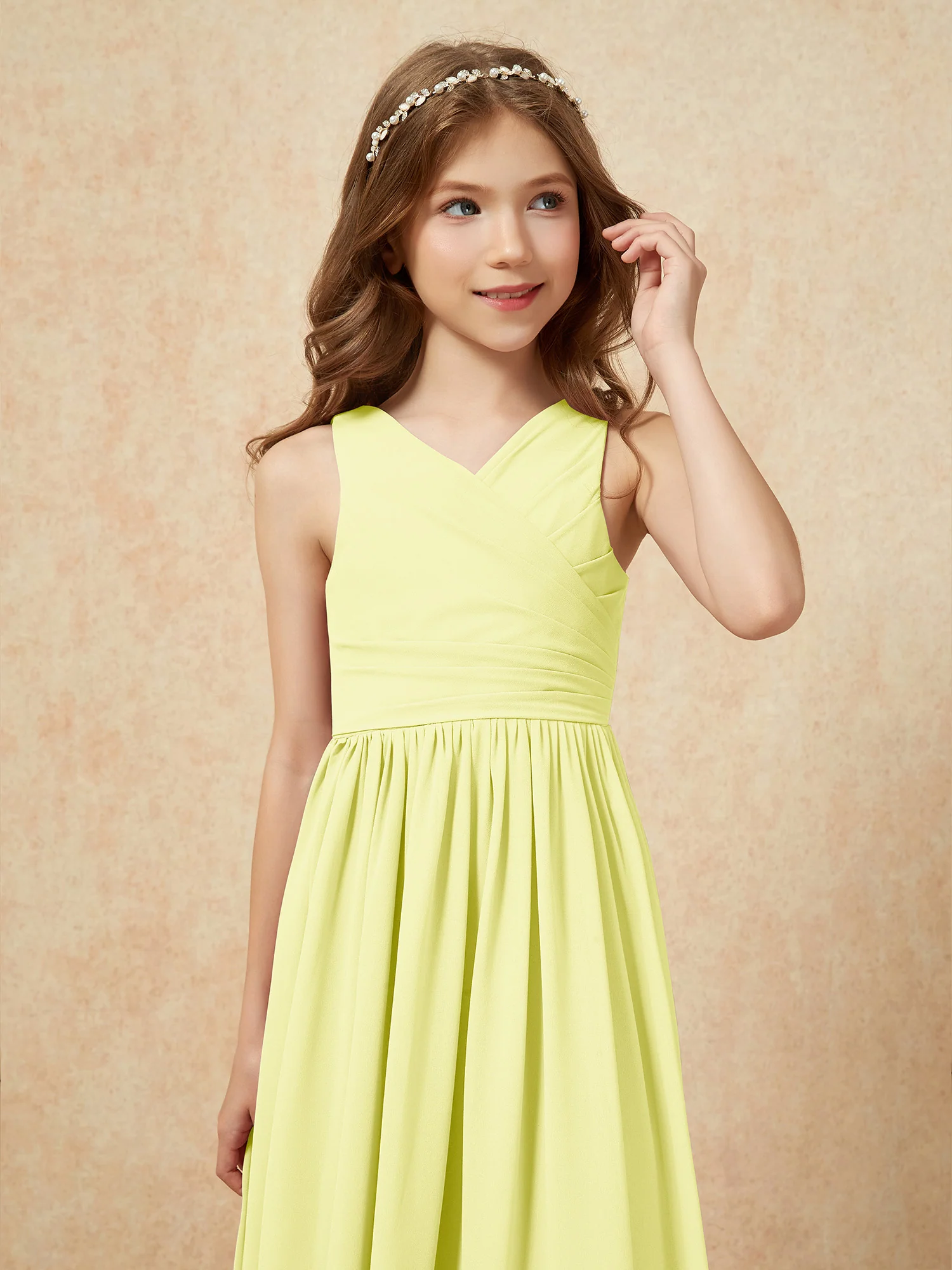 Pleated V-neck Chiffon Long Junior Bridesmaid Dresses Daffodil - Image 6