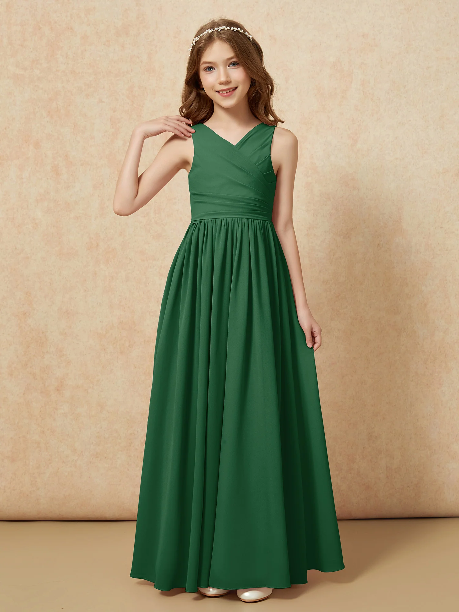 Pleated V-neck Chiffon Long Junior Bridesmaid Dresses Dark Green