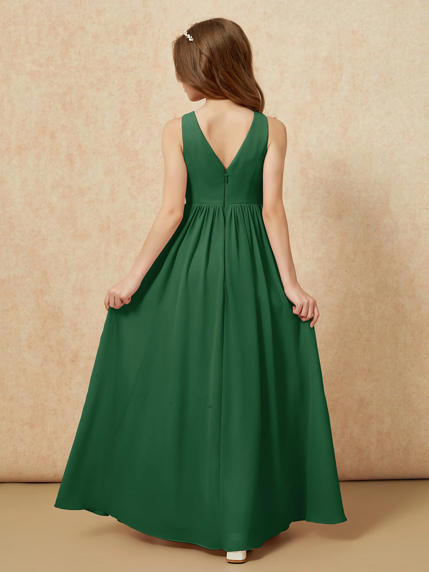 Pleated V-neck Chiffon Long Junior Bridesmaid Dresses Dark Green - Image 2