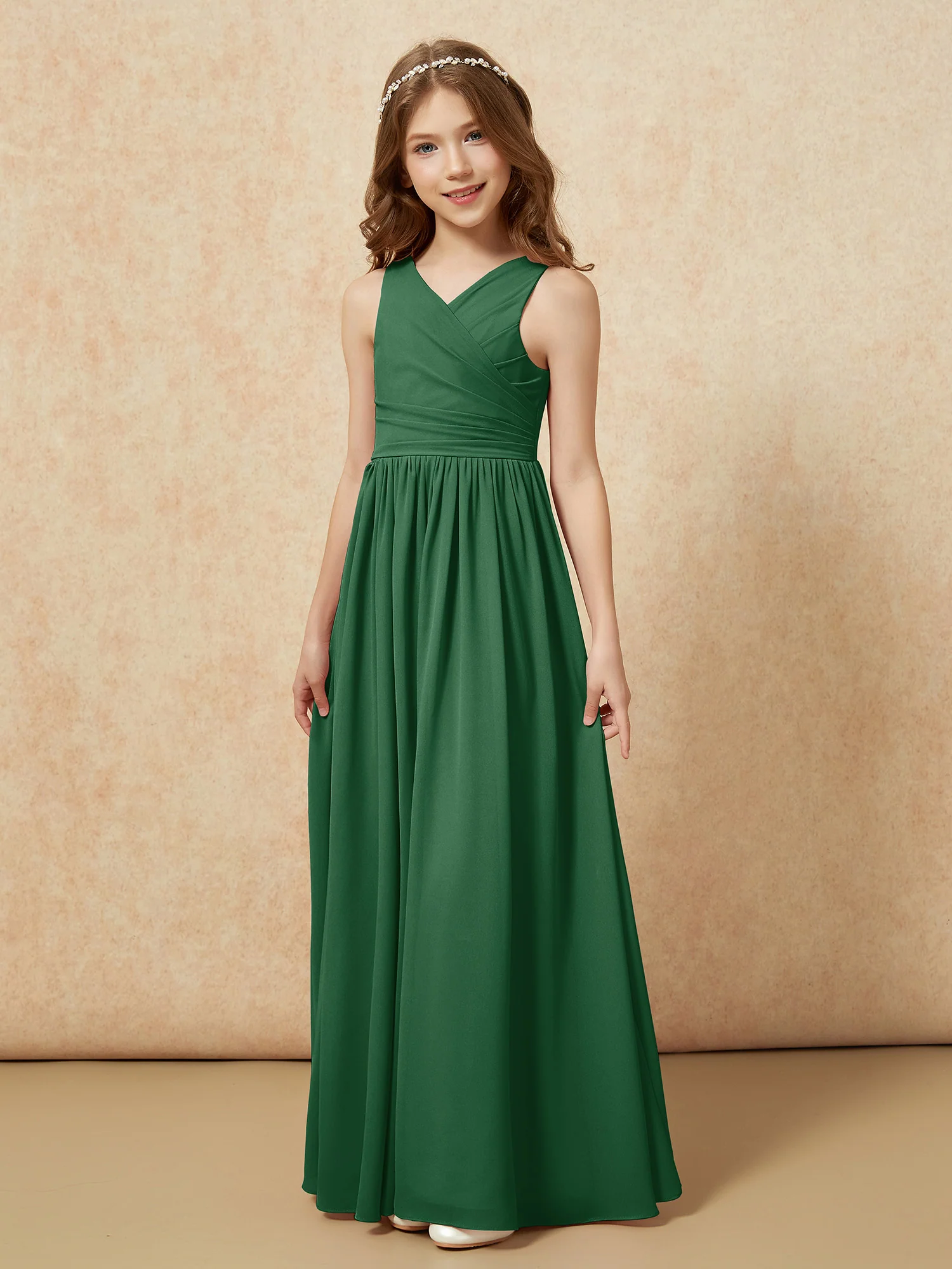 Pleated V-neck Chiffon Long Junior Bridesmaid Dresses Dark Green - Image 3