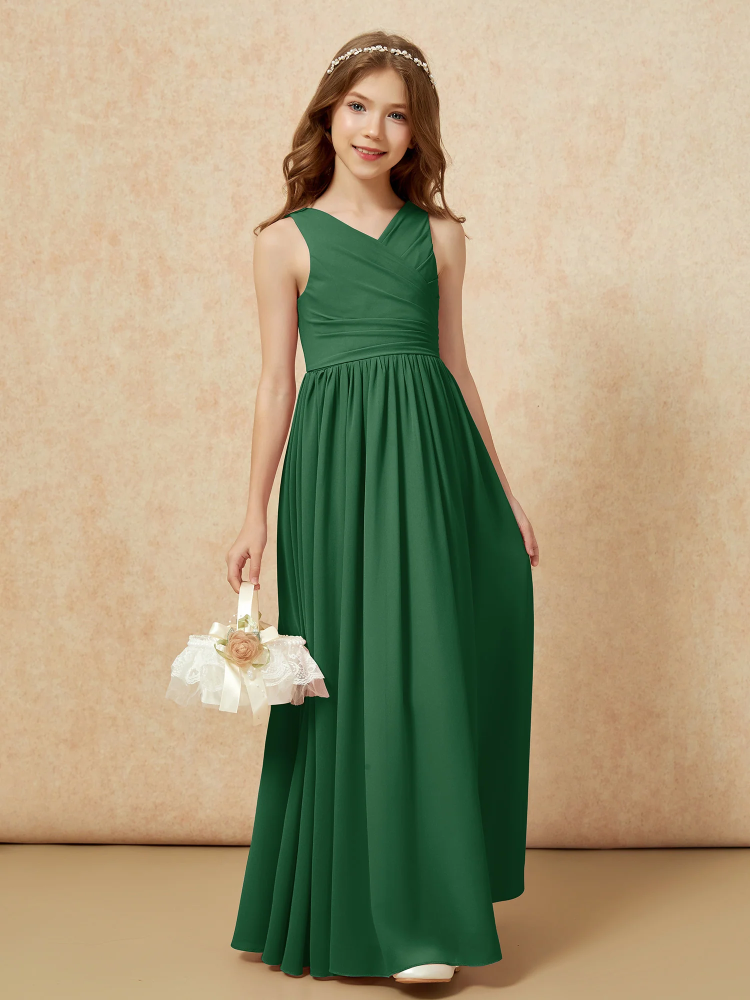 Pleated V-neck Chiffon Long Junior Bridesmaid Dresses Dark Green - Image 4