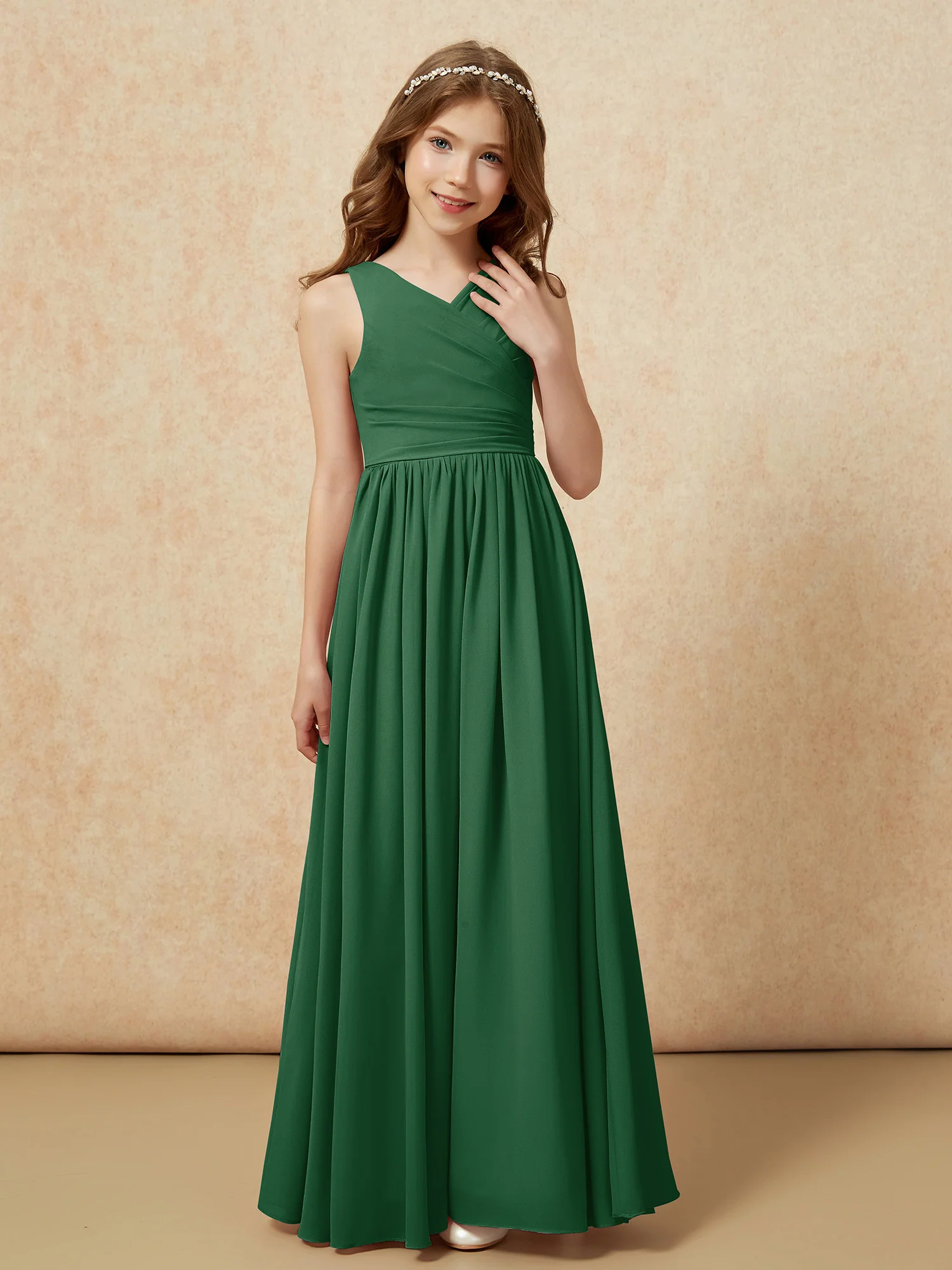 Pleated V-neck Chiffon Long Junior Bridesmaid Dresses Dark Green - Image 5