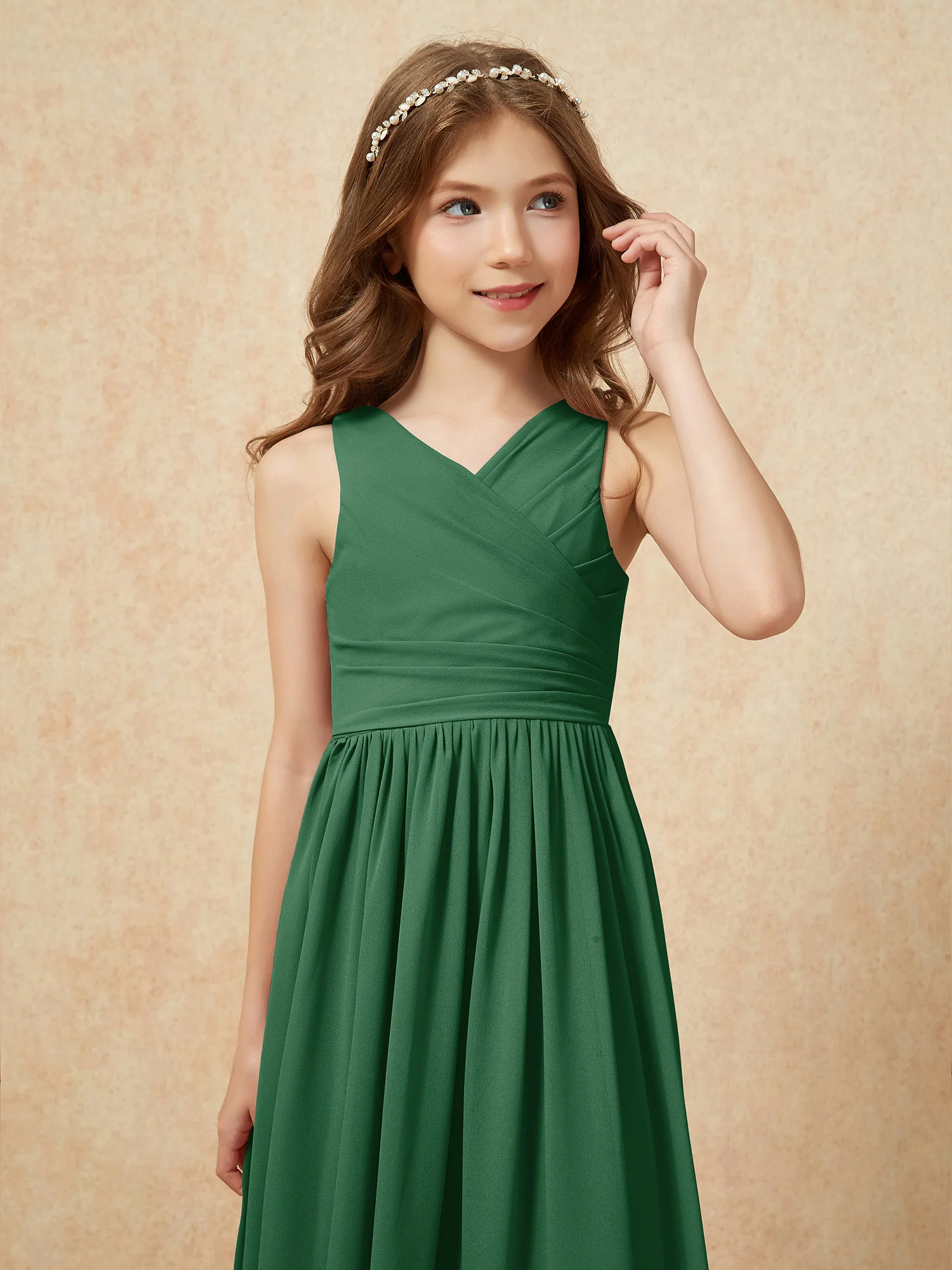 Pleated V-neck Chiffon Long Junior Bridesmaid Dresses Dark Green - Image 6