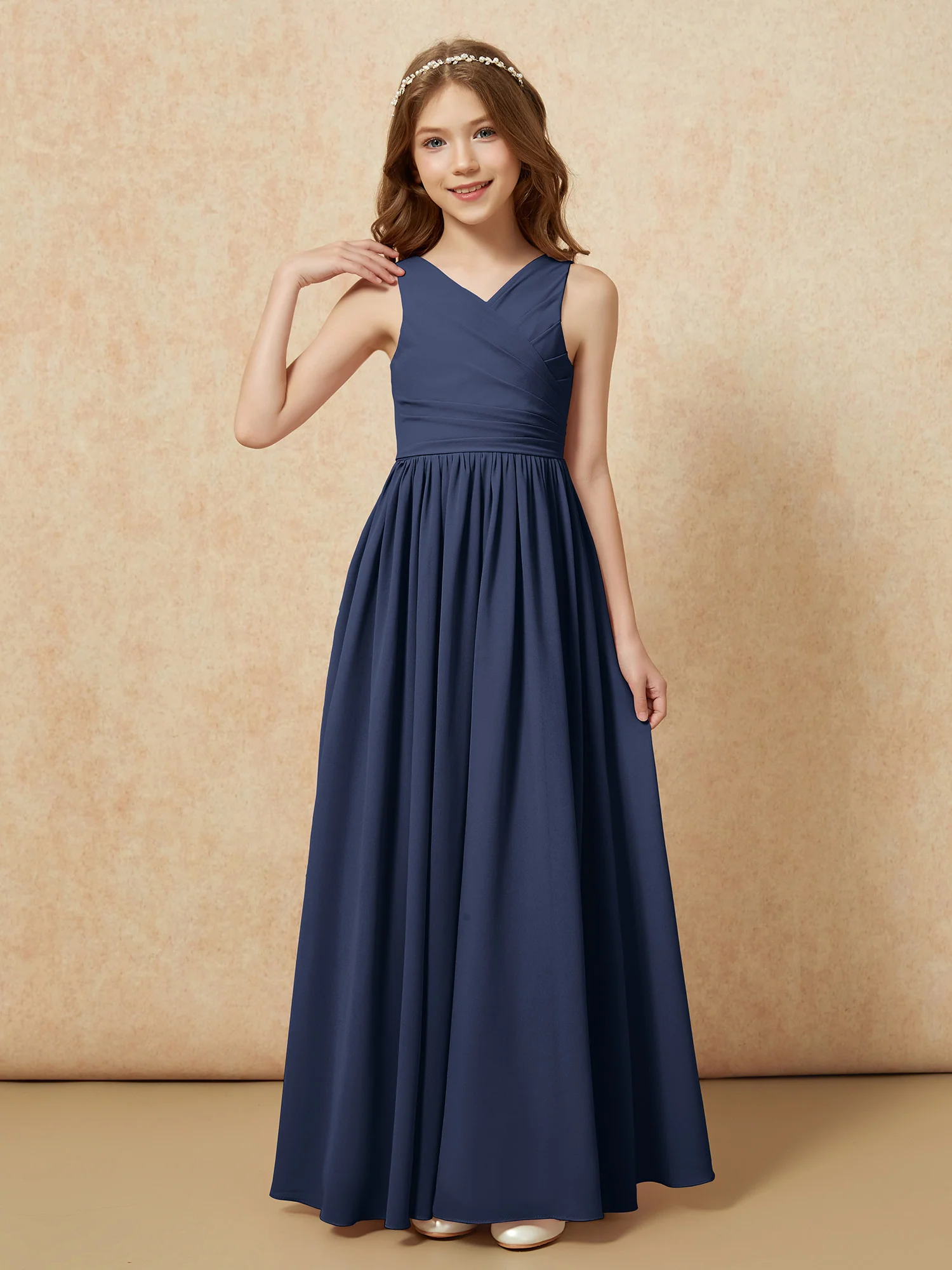 Pleated V-neck Chiffon Long Junior Bridesmaid Dresses Dark Navy