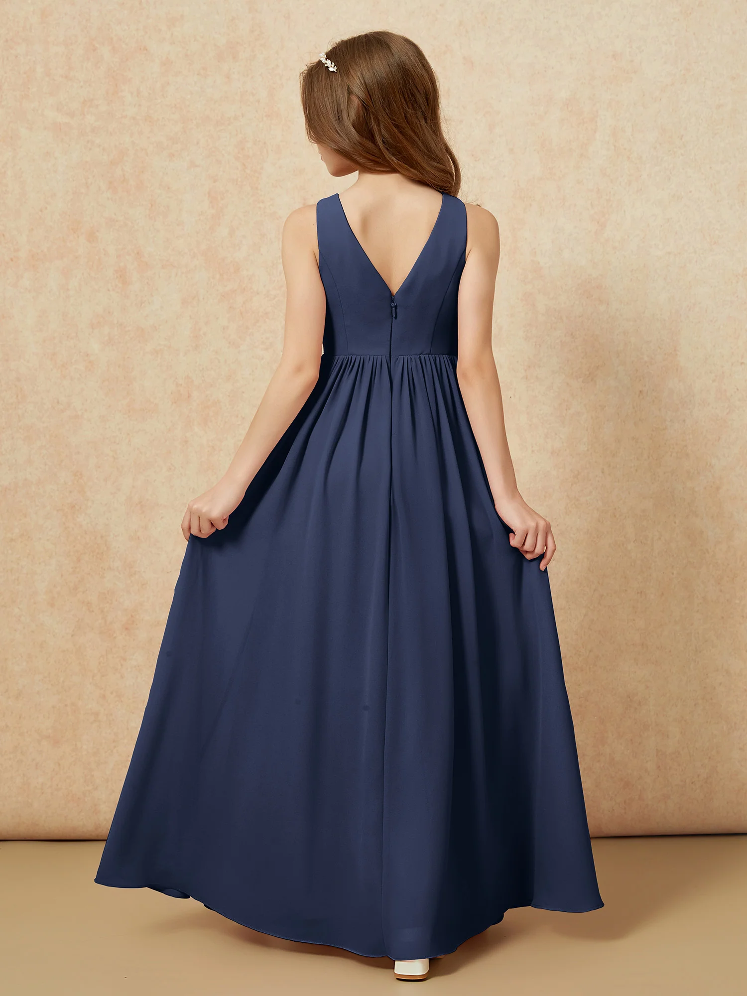 Pleated V-neck Chiffon Long Junior Bridesmaid Dresses Dark Navy - Image 2
