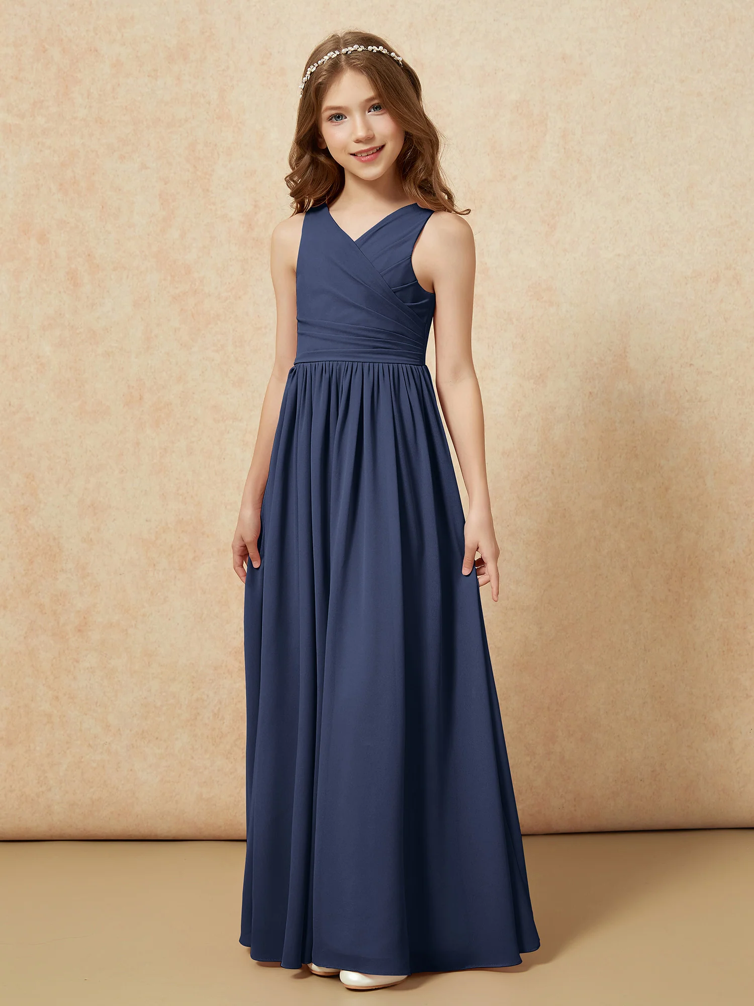Pleated V-neck Chiffon Long Junior Bridesmaid Dresses Dark Navy - Image 3