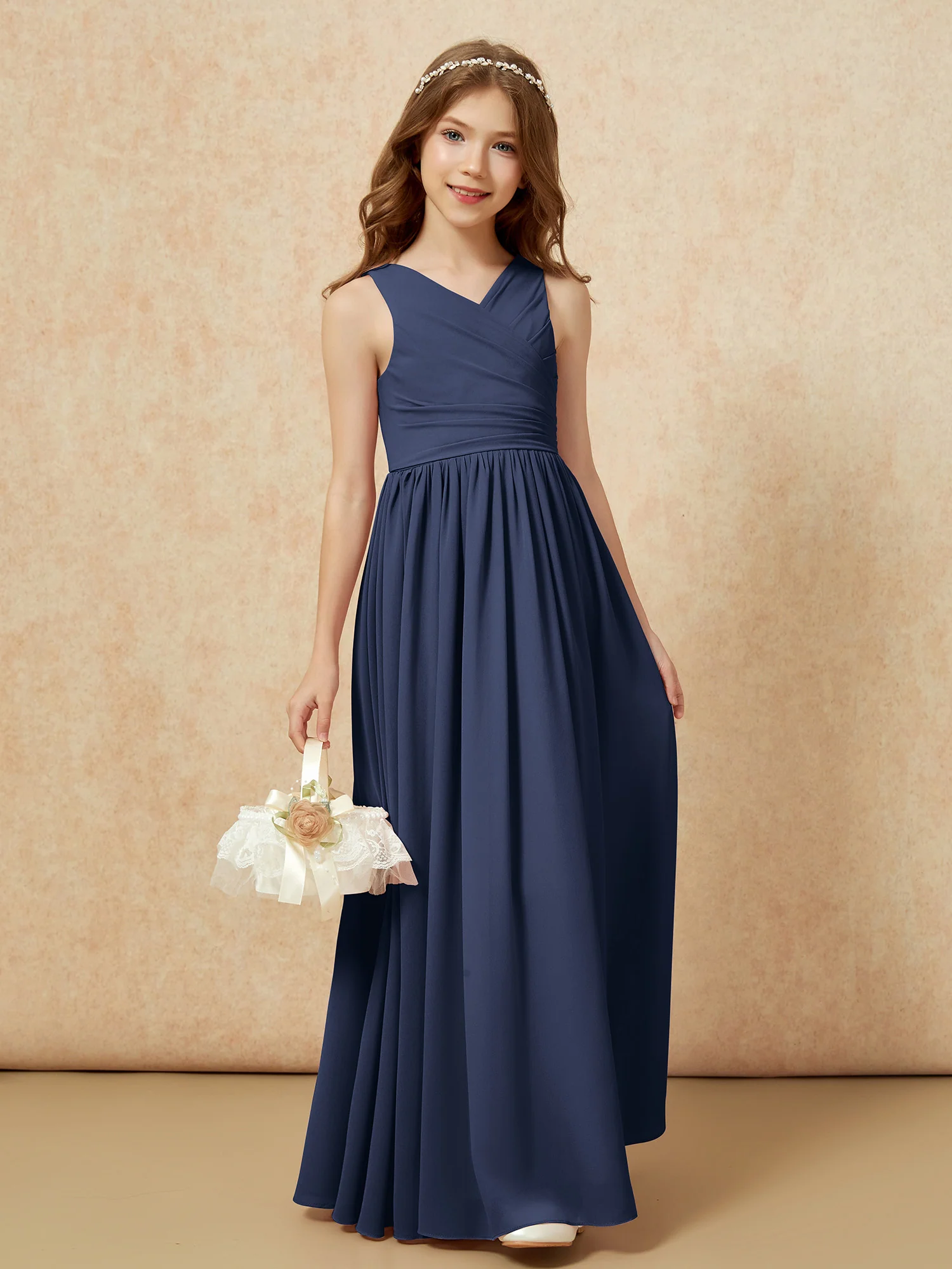 Pleated V-neck Chiffon Long Junior Bridesmaid Dresses Dark Navy - Image 4