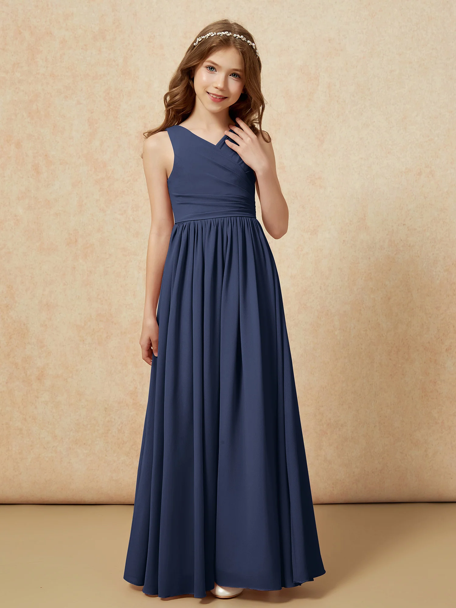 Pleated V-neck Chiffon Long Junior Bridesmaid Dresses Dark Navy - Image 5
