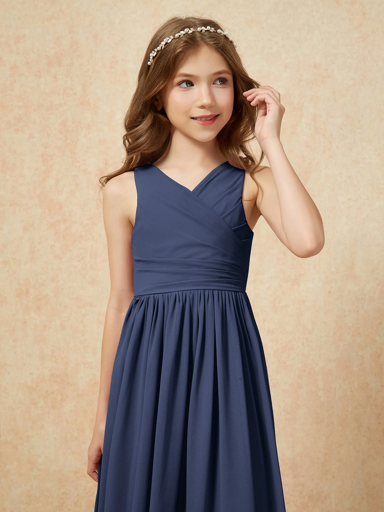 Pleated V-neck Chiffon Long Junior Bridesmaid Dresses Dark Navy - Image 6