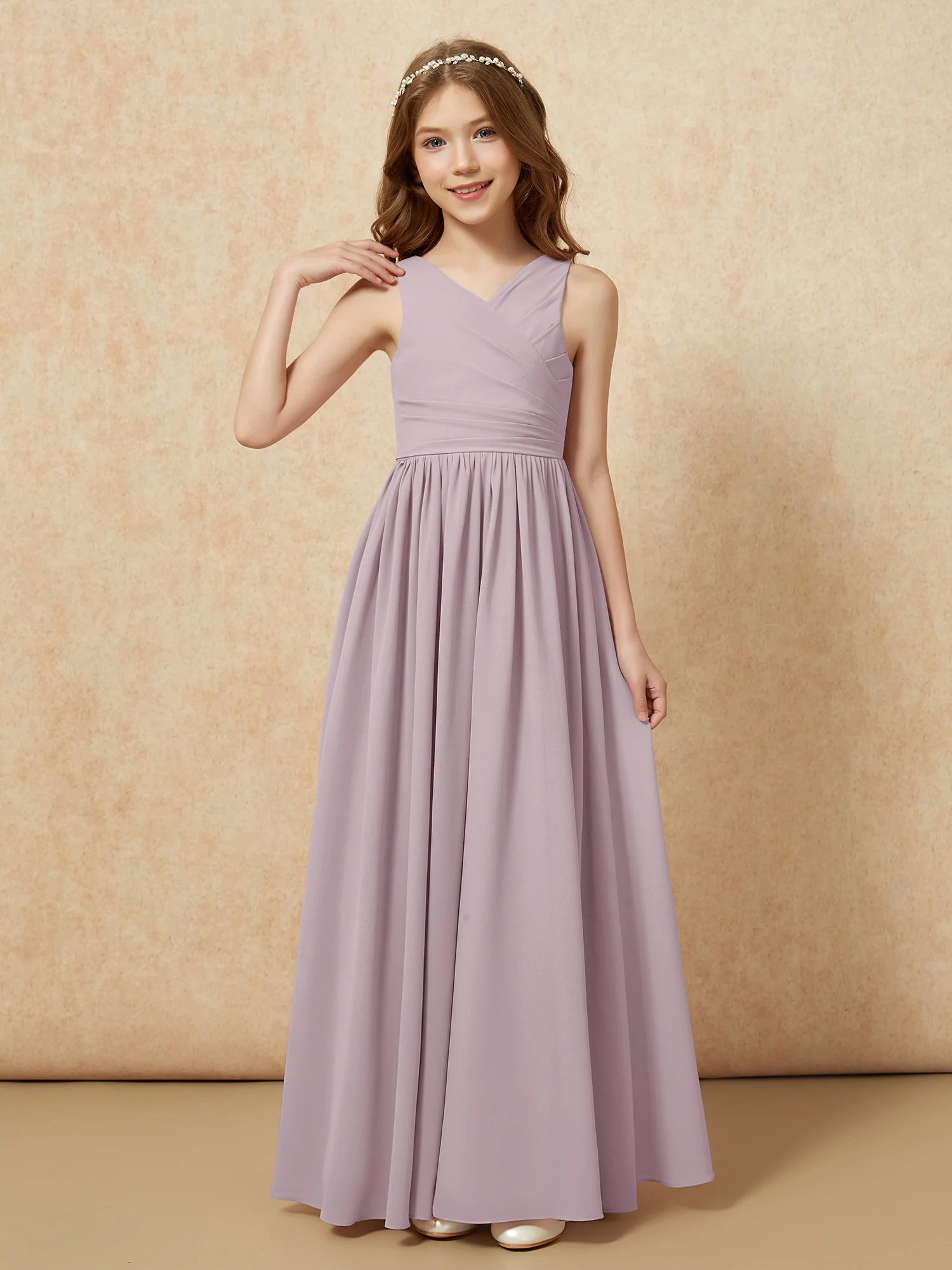 Pleated V-neck Chiffon Long Junior Bridesmaid Dresses Dusk