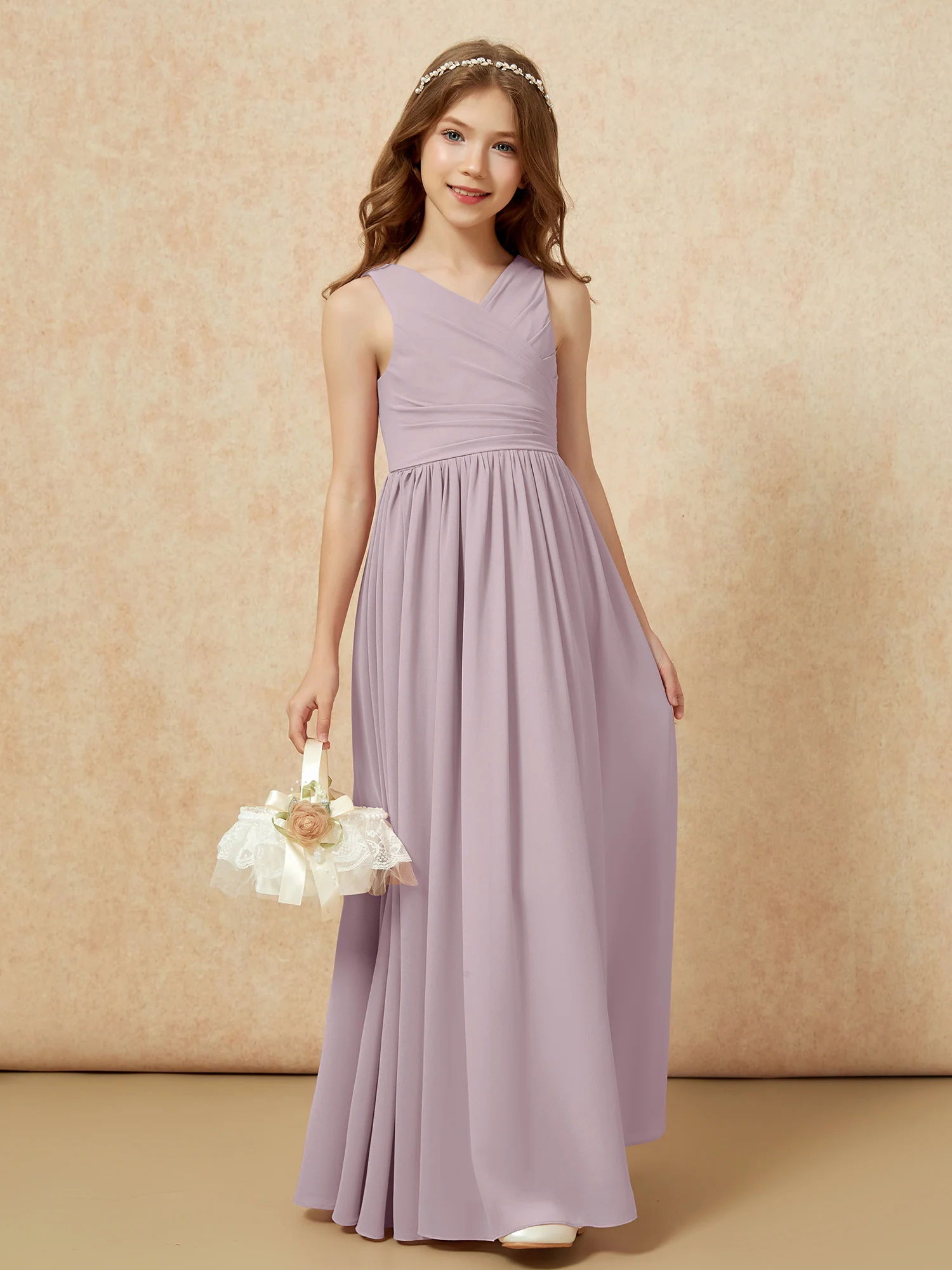 Pleated V-neck Chiffon Long Junior Bridesmaid Dresses Dusk - Image 4