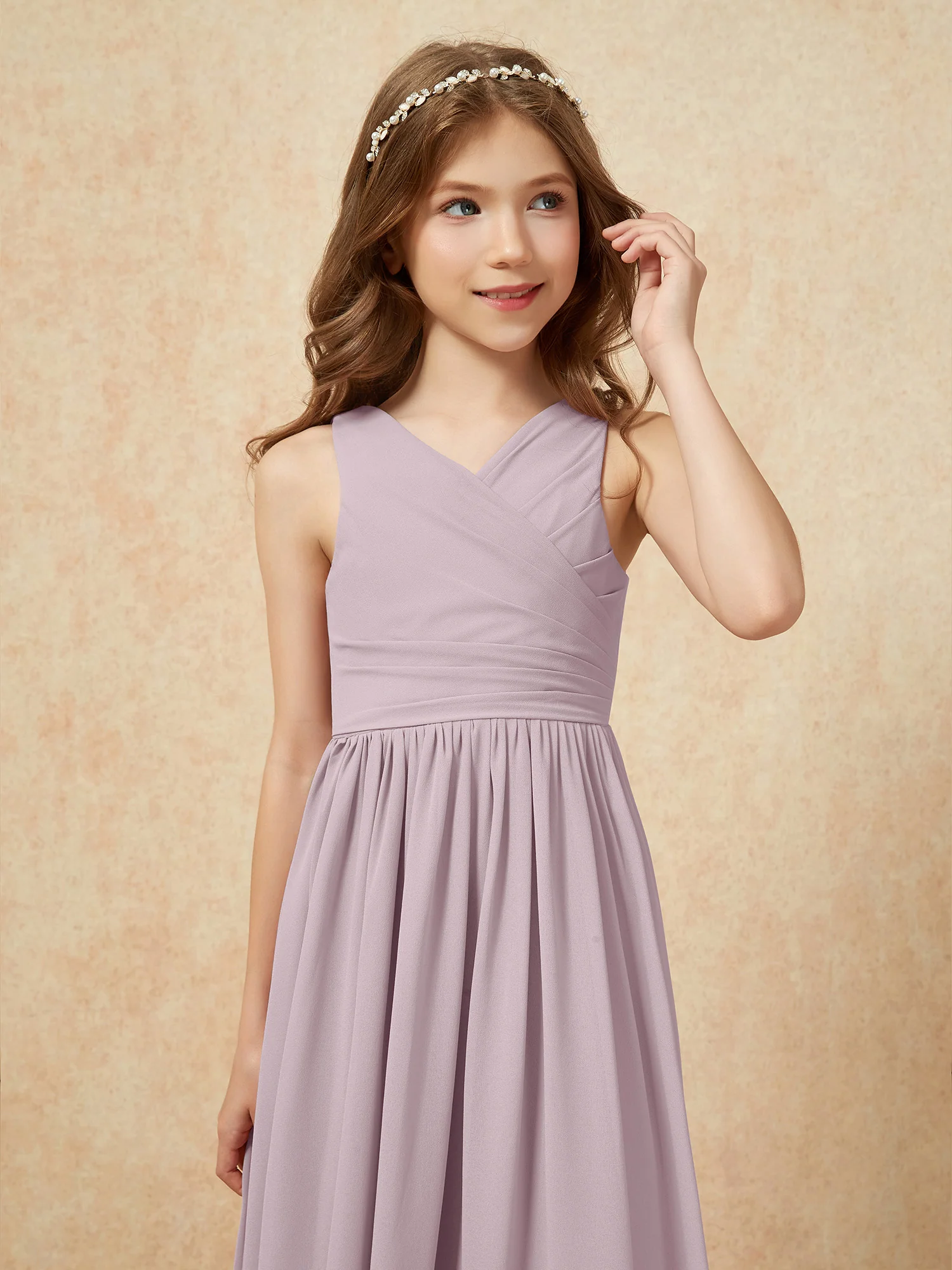 Pleated V-neck Chiffon Long Junior Bridesmaid Dresses Dusk - Image 6