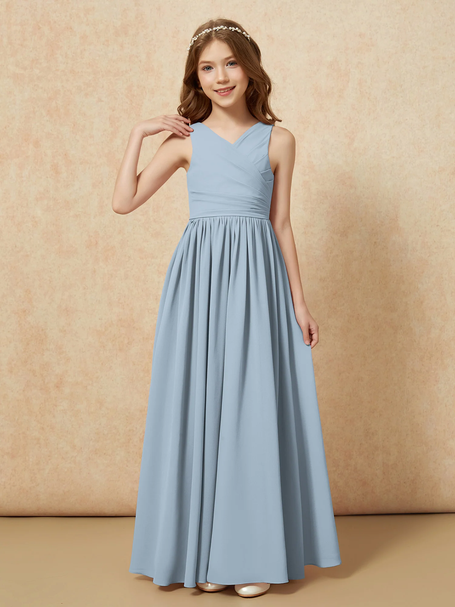 Pleated V-neck Chiffon Long Junior Bridesmaid Dresses Dusty Blue