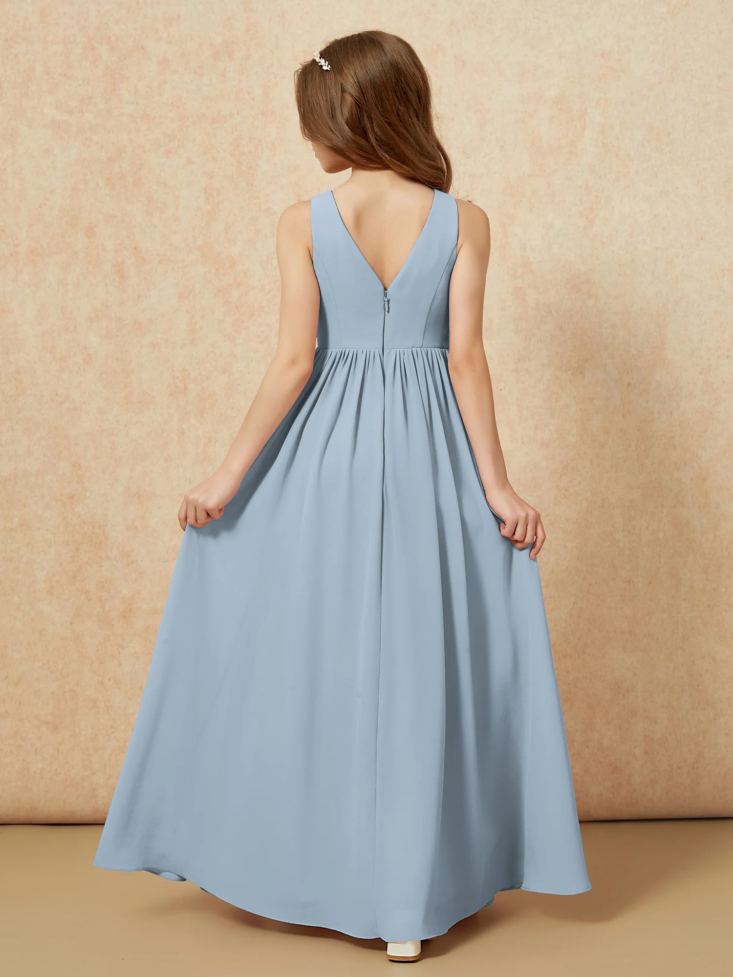 Pleated V-neck Chiffon Long Junior Bridesmaid Dresses Dusty Blue - Image 2