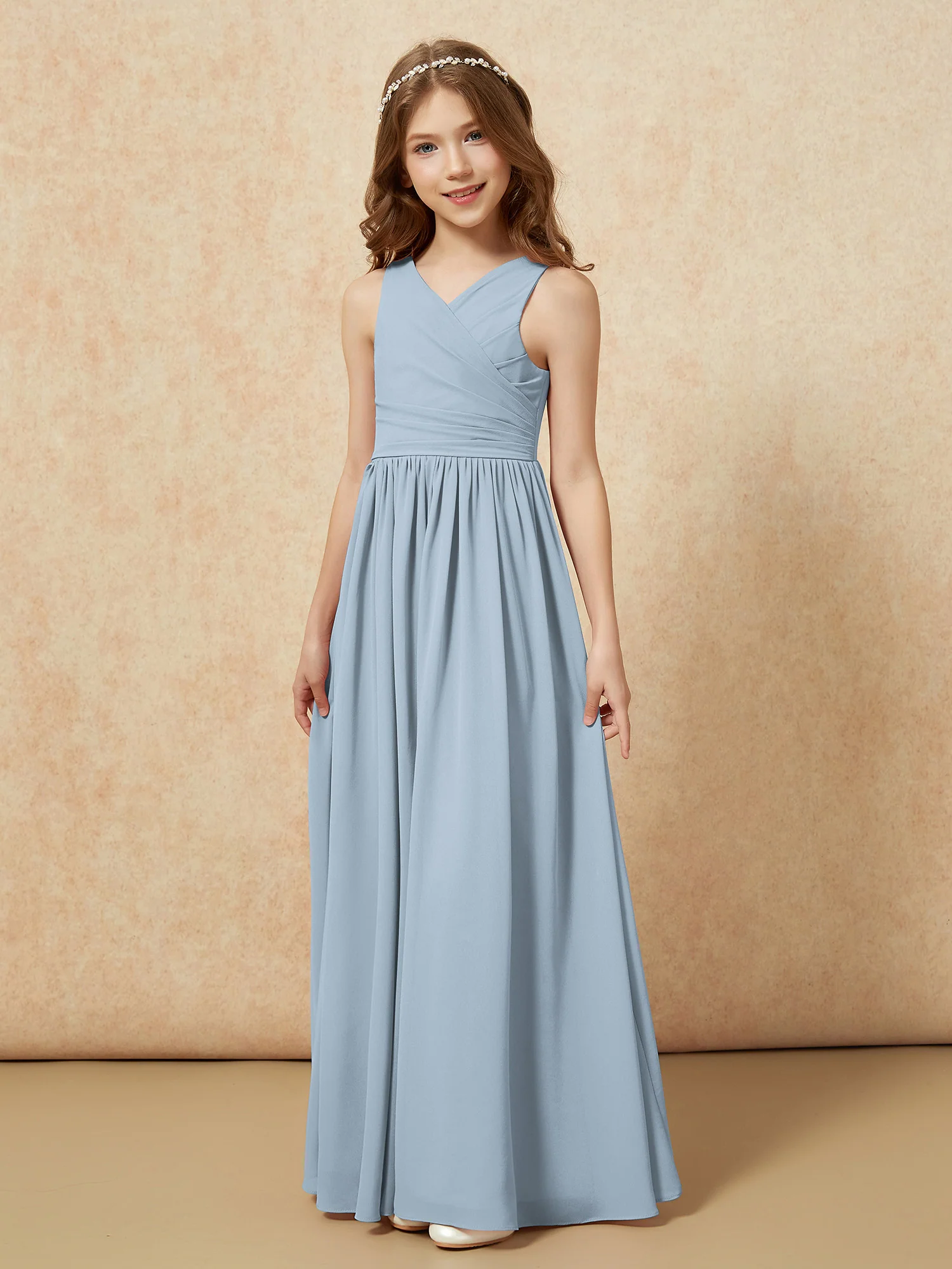 Pleated V-neck Chiffon Long Junior Bridesmaid Dresses Dusty Blue - Image 3