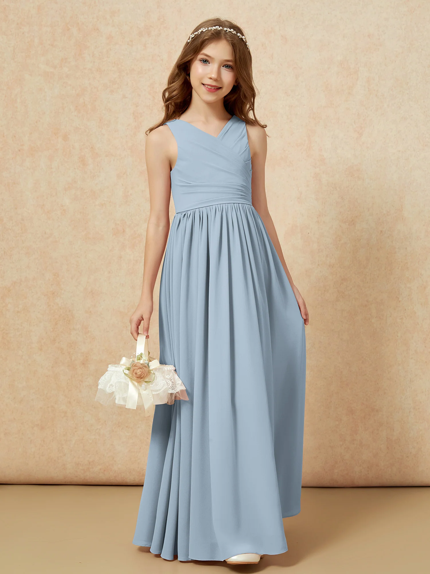 Pleated V-neck Chiffon Long Junior Bridesmaid Dresses Dusty Blue - Image 4