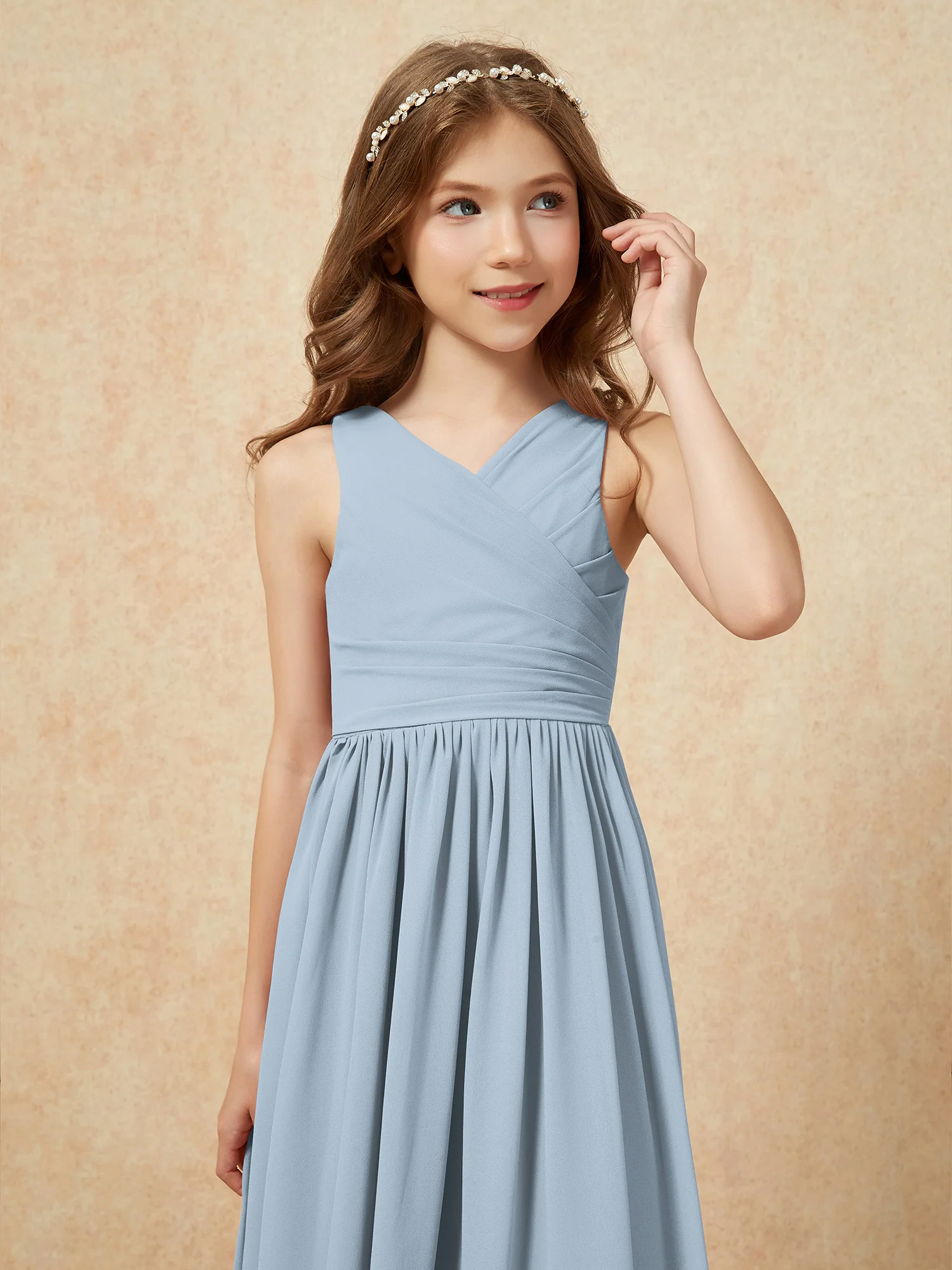 Pleated V-neck Chiffon Long Junior Bridesmaid Dresses Dusty Blue - Image 6