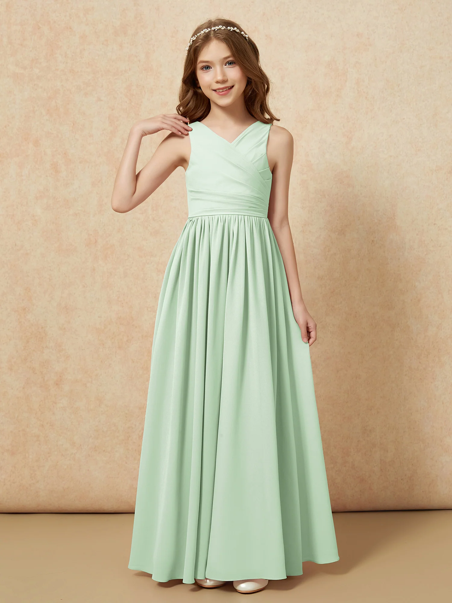 Pleated V-neck Chiffon Long Junior Bridesmaid Dresses Dusty Sage