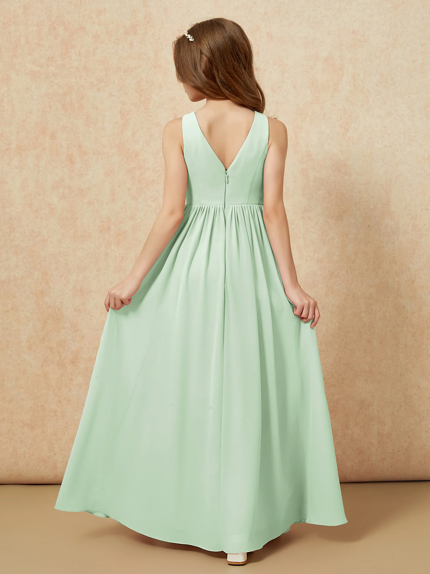 Pleated V-neck Chiffon Long Junior Bridesmaid Dresses Dusty Sage - Image 2