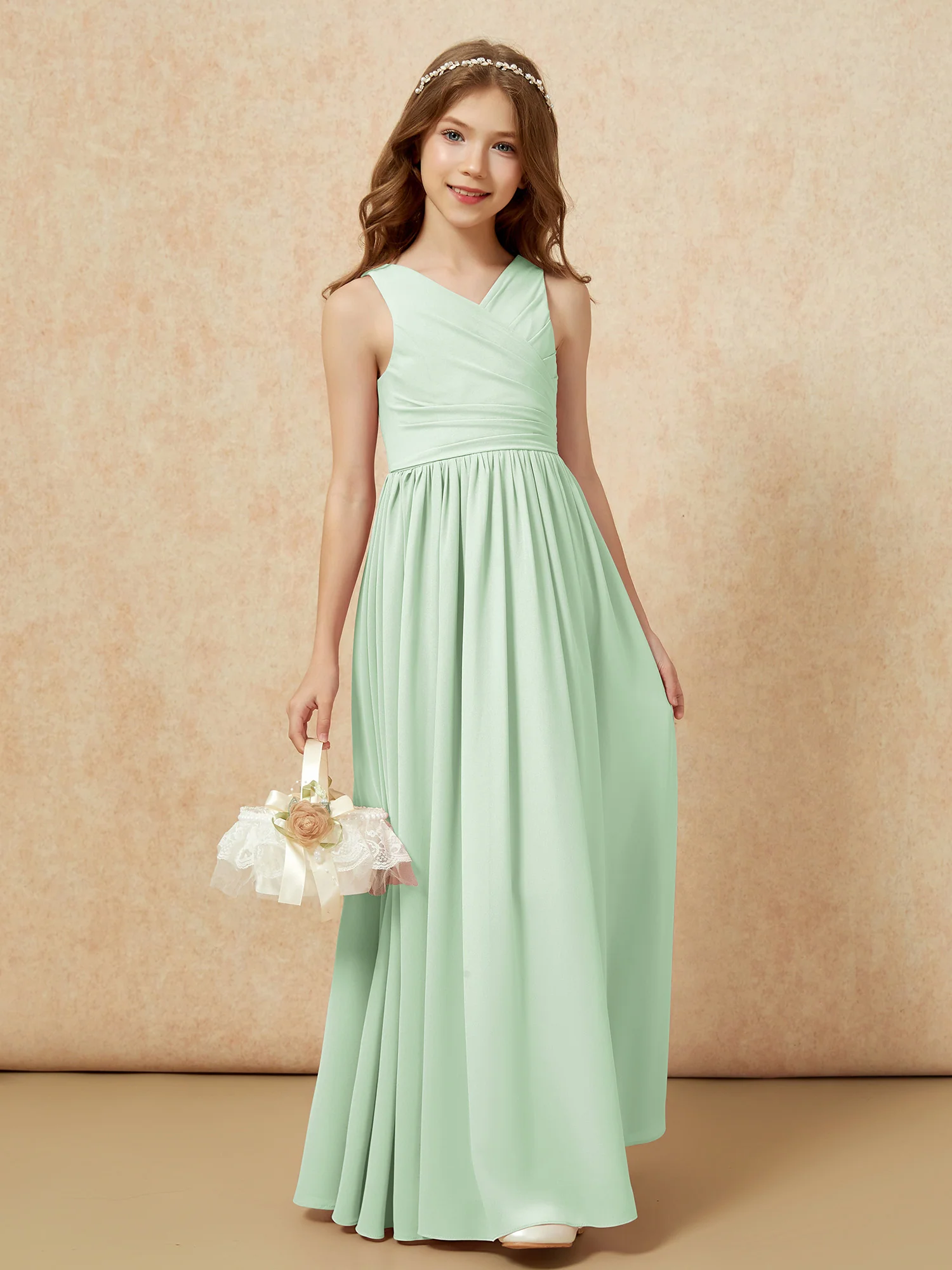 Pleated V-neck Chiffon Long Junior Bridesmaid Dresses Dusty Sage - Image 4