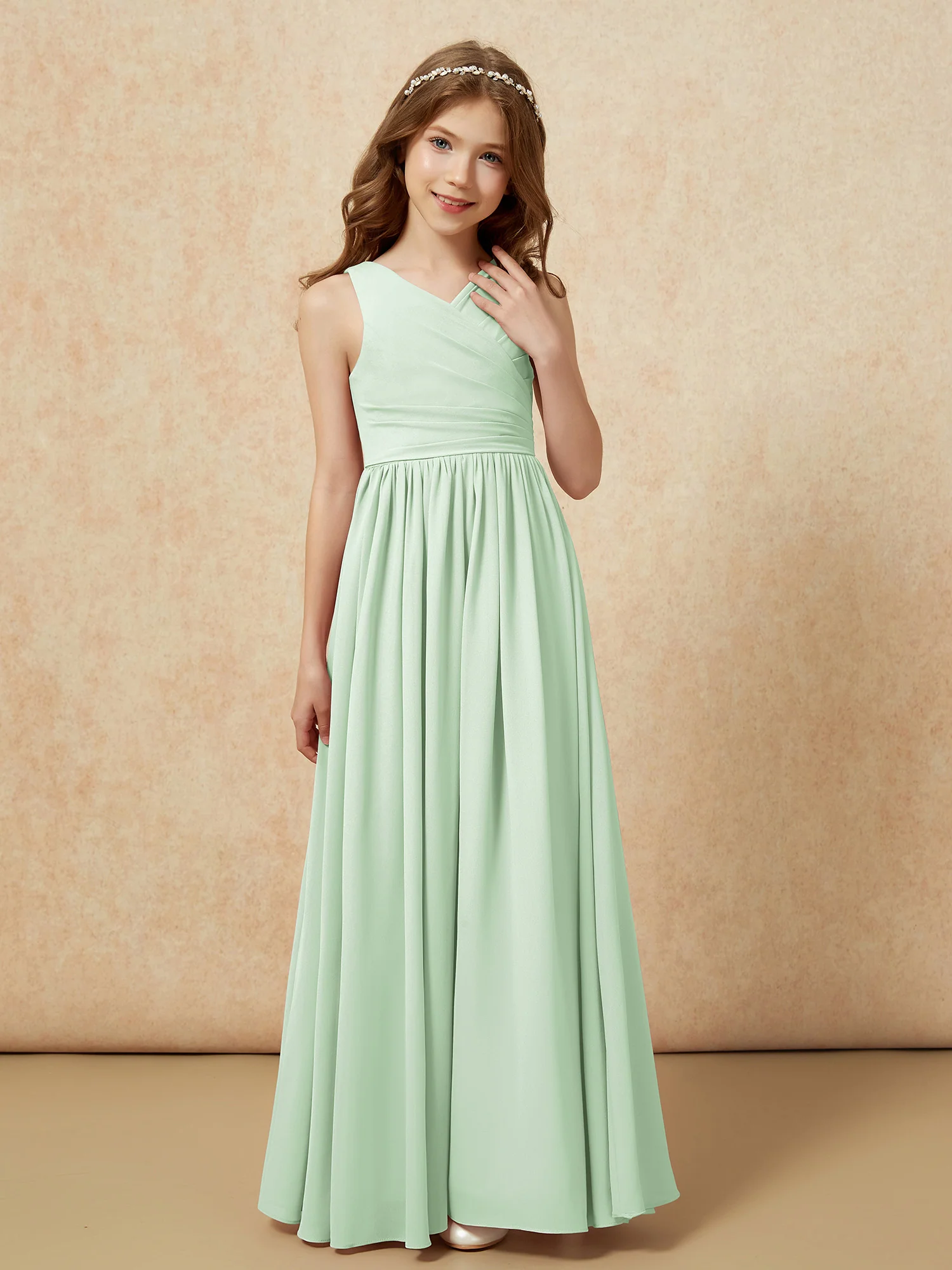 Pleated V-neck Chiffon Long Junior Bridesmaid Dresses Dusty Sage - Image 5