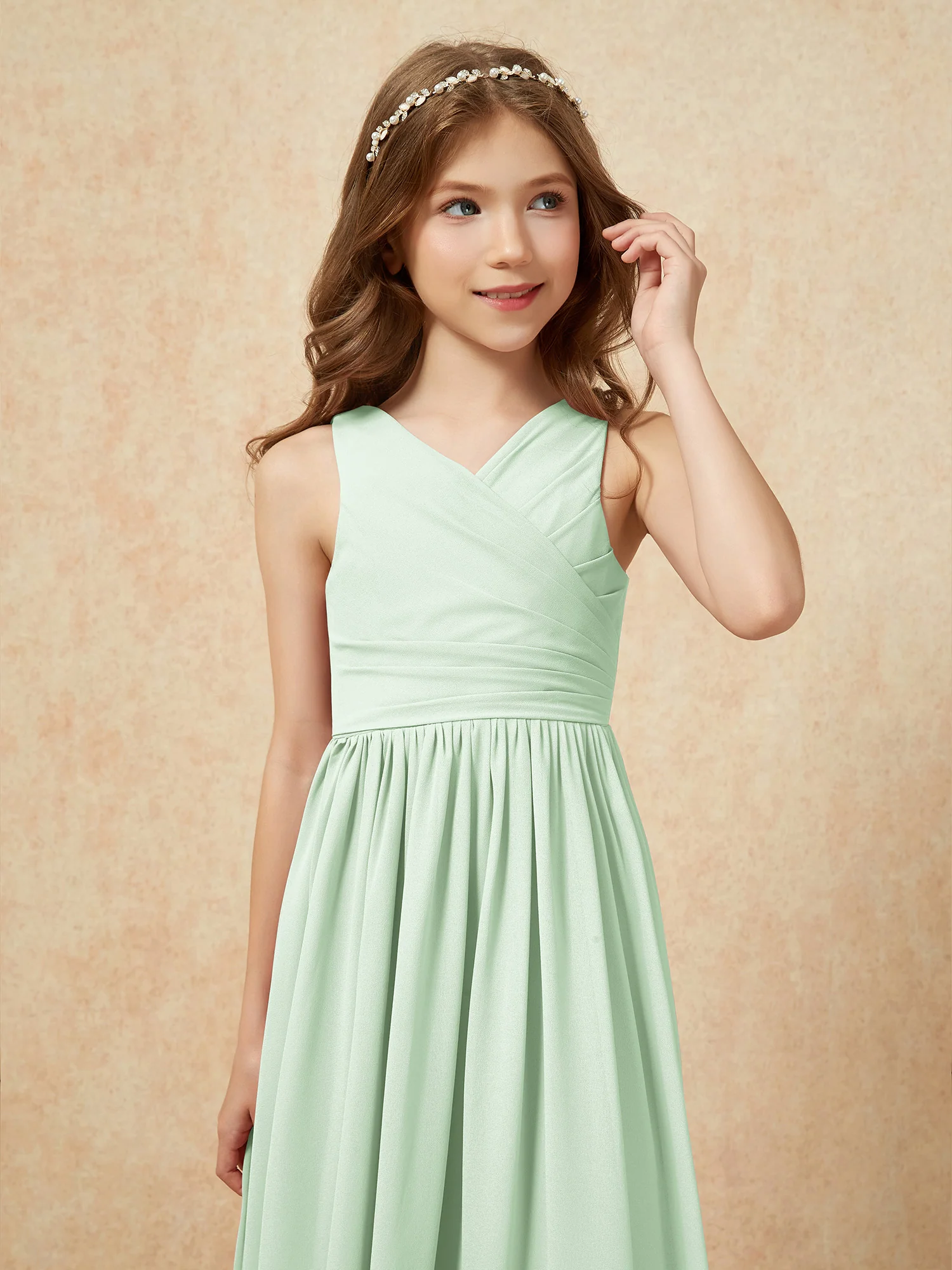 Pleated V-neck Chiffon Long Junior Bridesmaid Dresses Dusty Sage - Image 6
