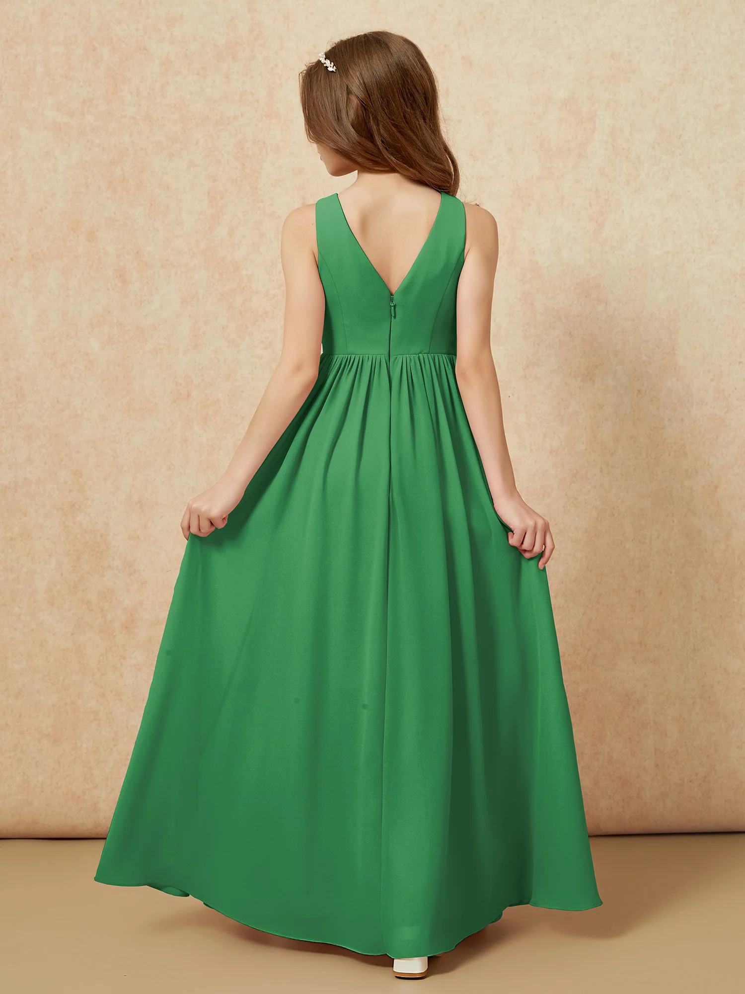 Pleated V-neck Chiffon Long Junior Bridesmaid Dresses Emerald - Image 2