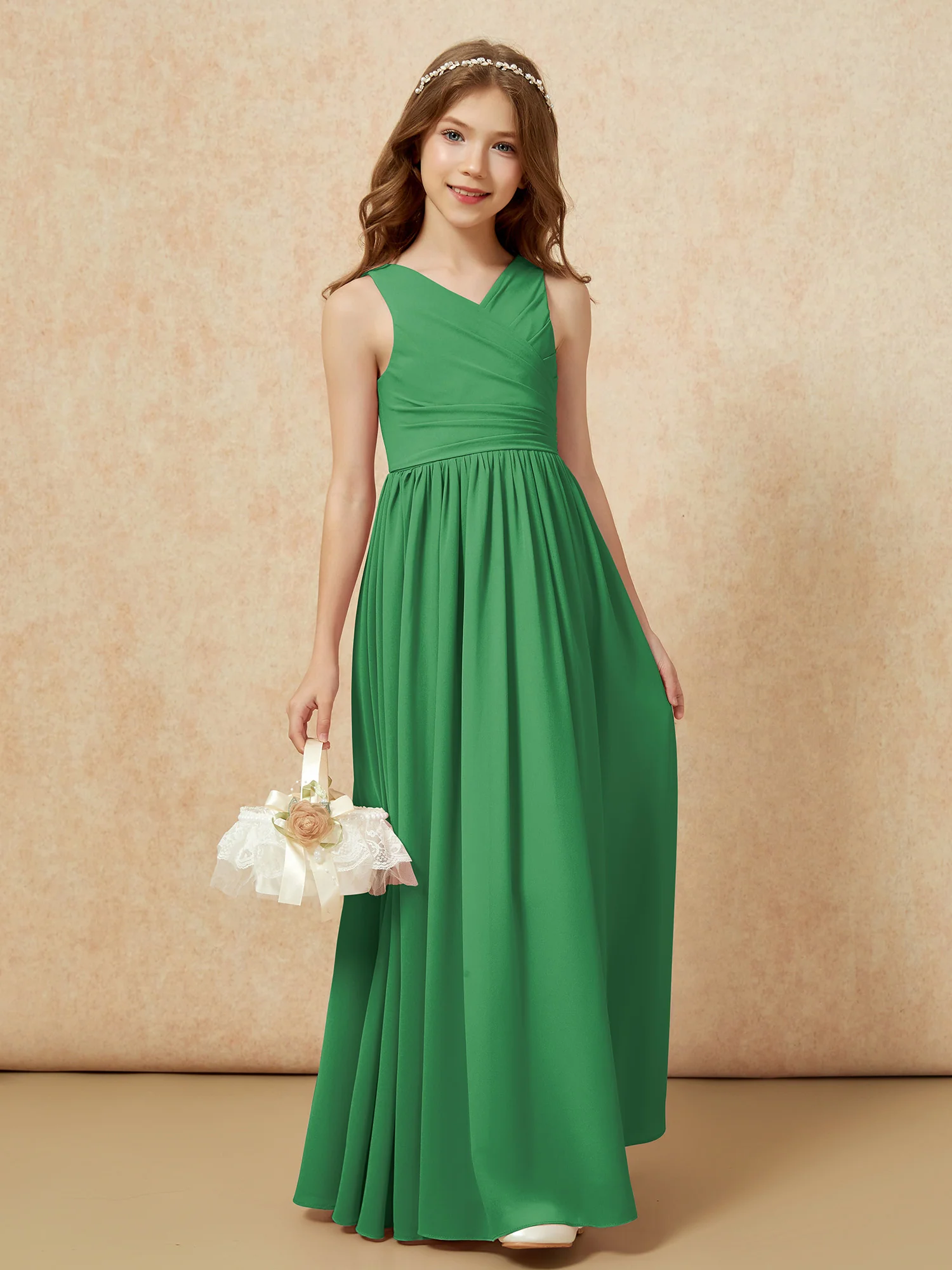 Pleated V-neck Chiffon Long Junior Bridesmaid Dresses Emerald - Image 4