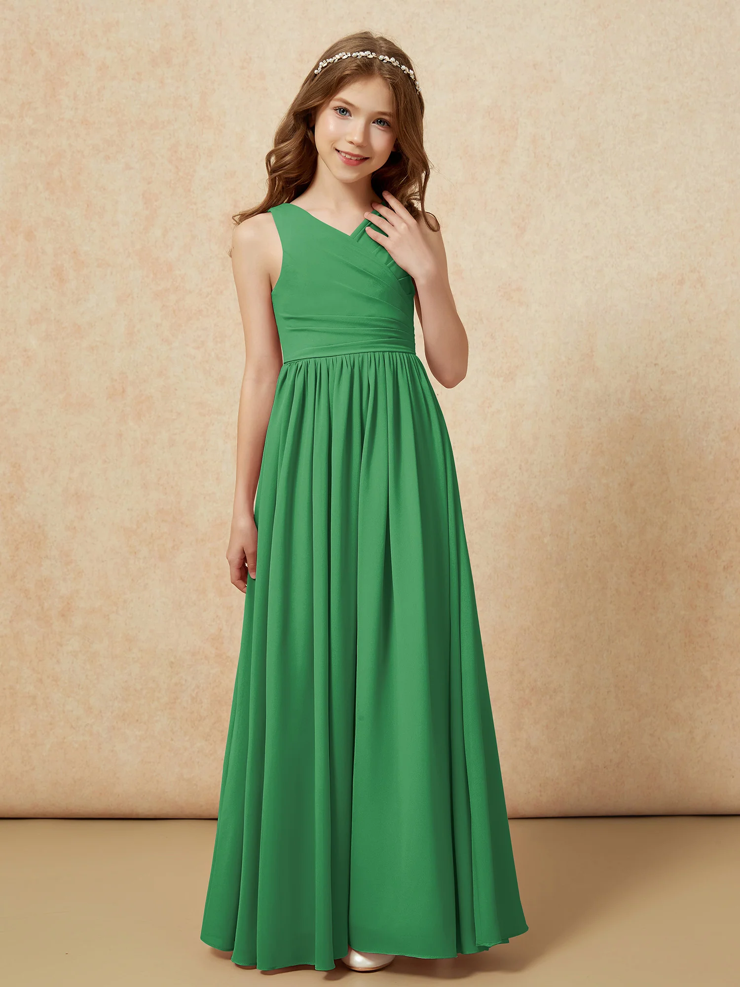 Pleated V-neck Chiffon Long Junior Bridesmaid Dresses Emerald - Image 5