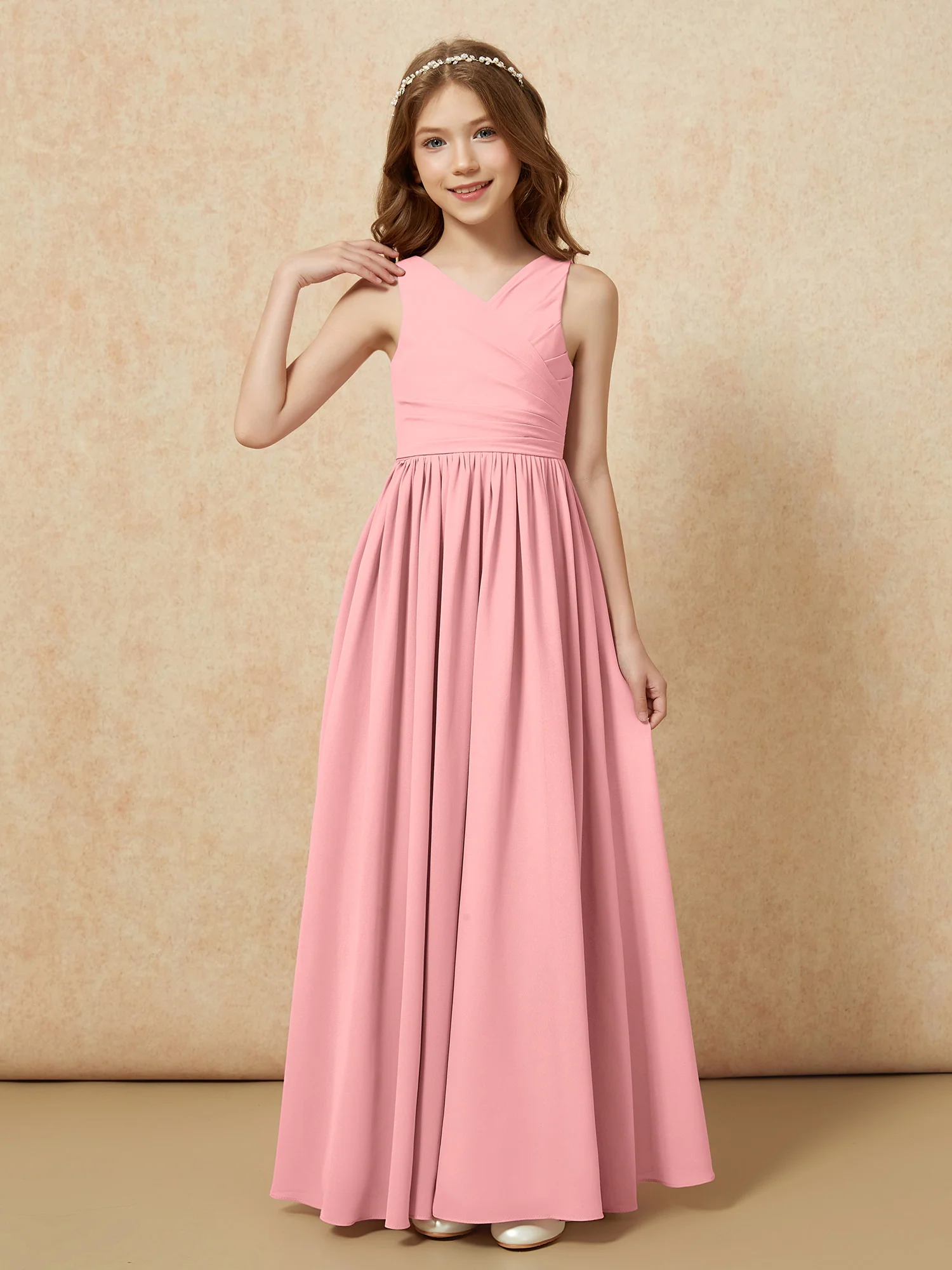 Pleated V-neck Chiffon Long Junior Bridesmaid Dresses Flamingo