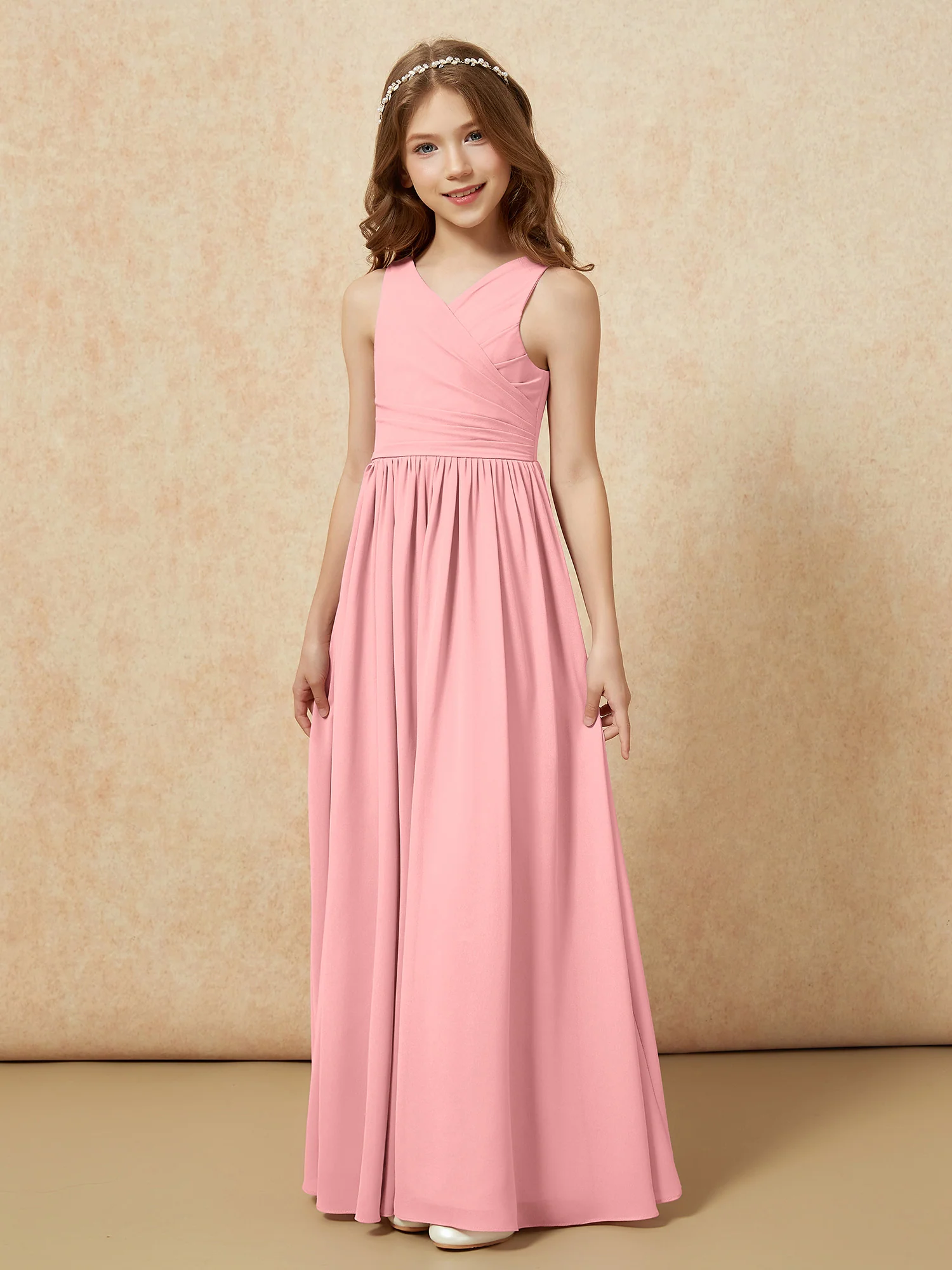 Pleated V-neck Chiffon Long Junior Bridesmaid Dresses Flamingo - Image 3