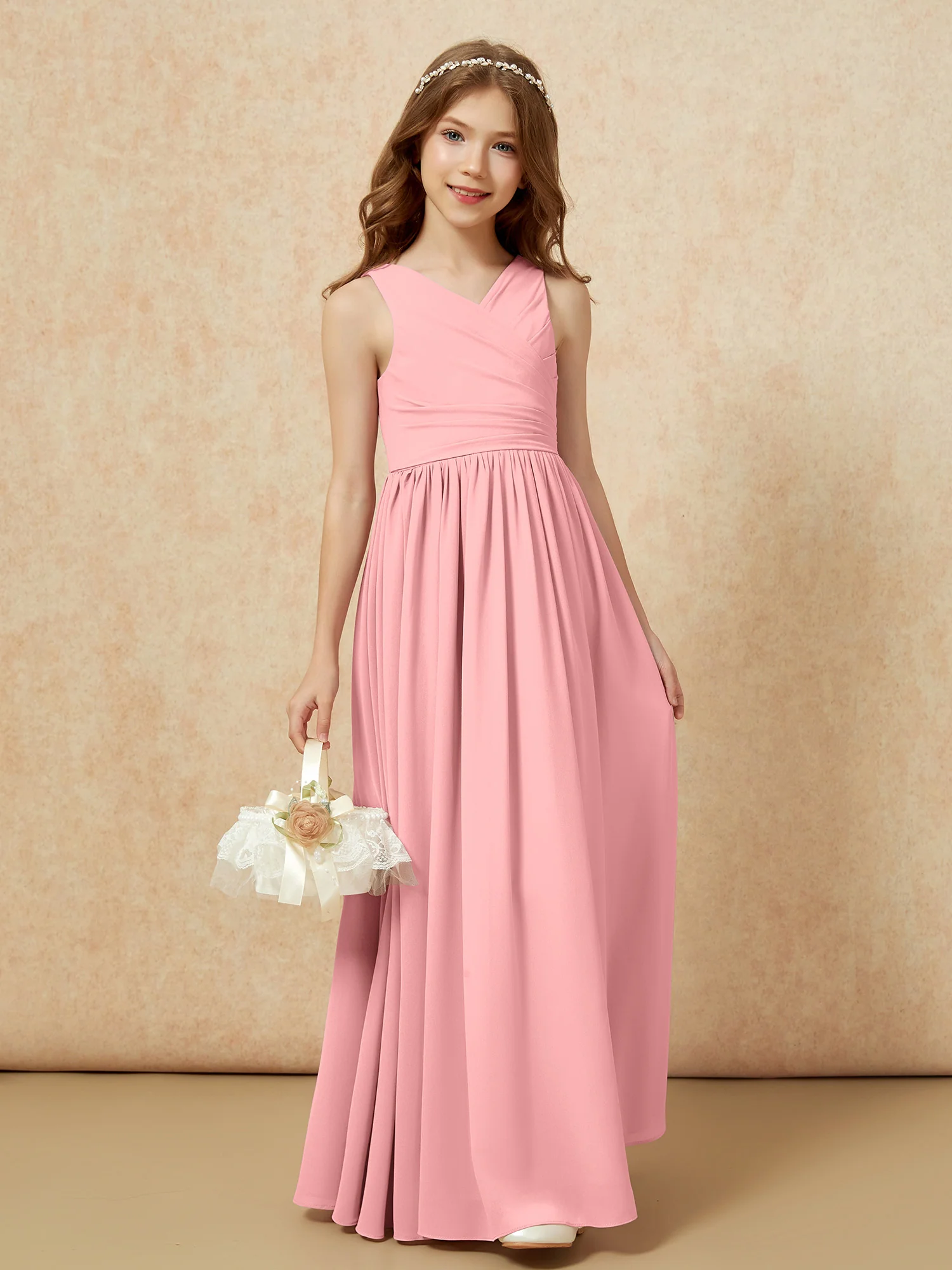 Pleated V-neck Chiffon Long Junior Bridesmaid Dresses Flamingo - Image 4