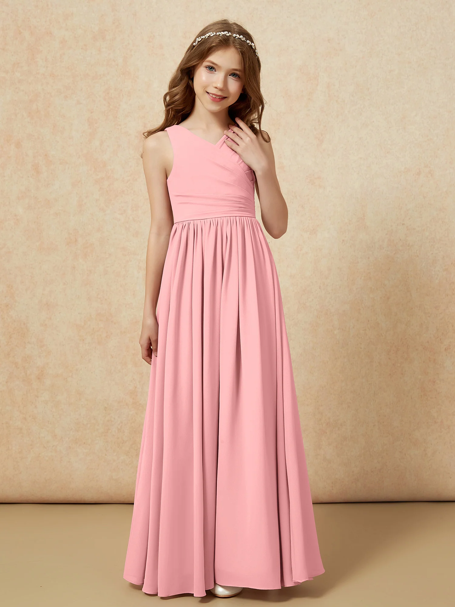 Pleated V-neck Chiffon Long Junior Bridesmaid Dresses Flamingo - Image 5