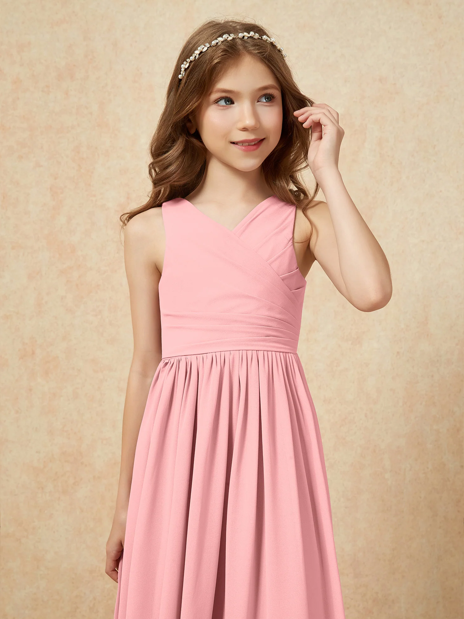 Pleated V-neck Chiffon Long Junior Bridesmaid Dresses Flamingo - Image 6