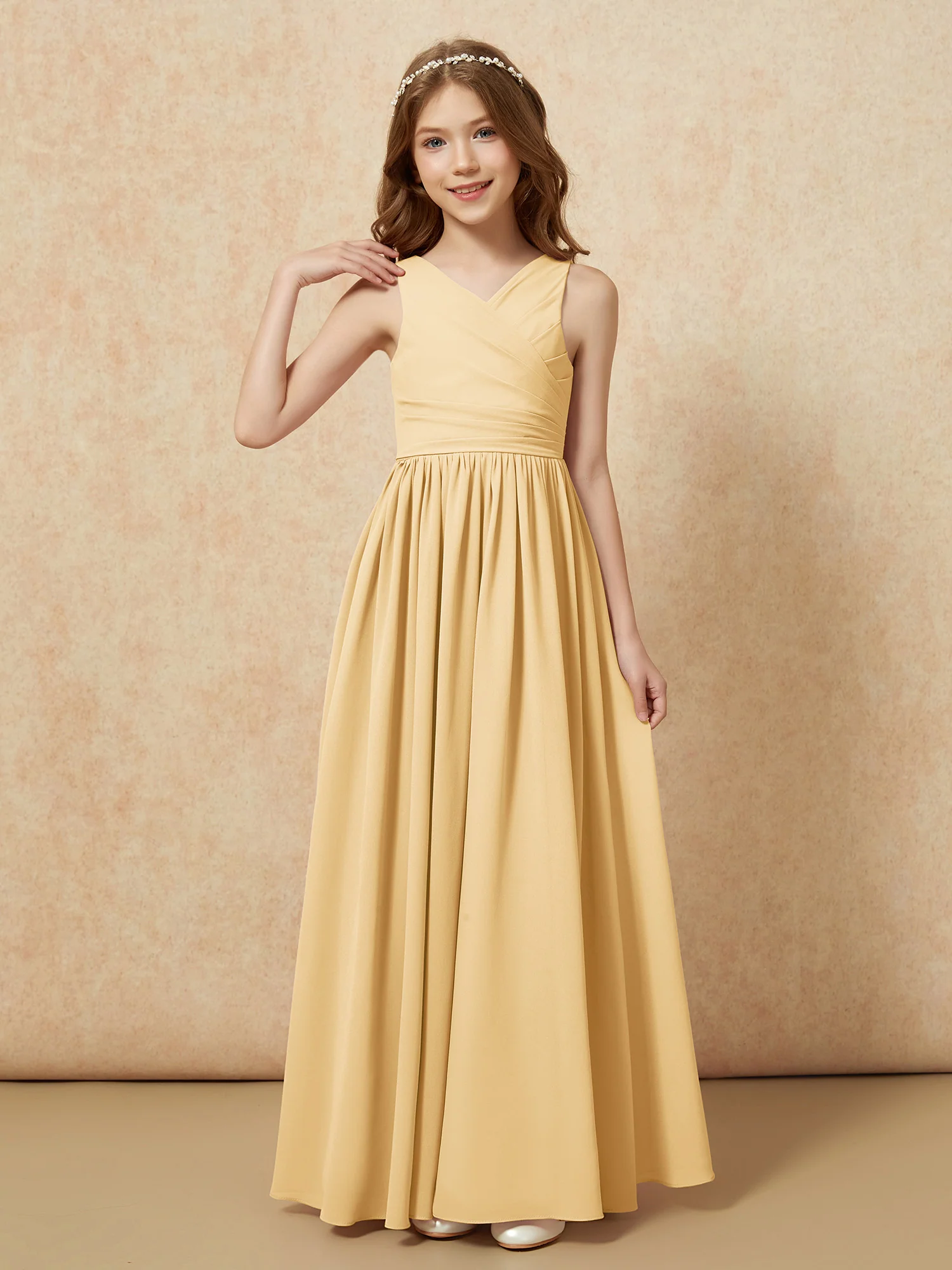 Pleated V-neck Chiffon Long Junior Bridesmaid Dresses Gold