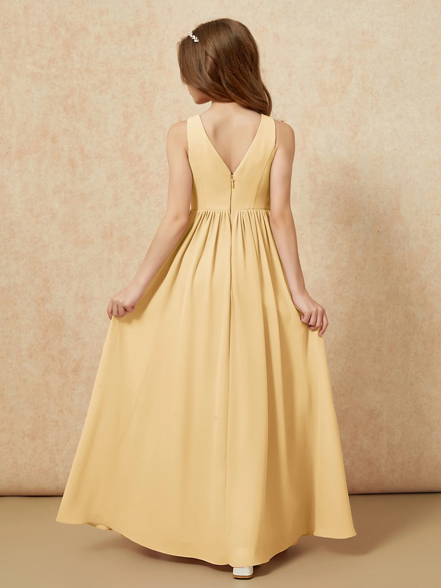 Pleated V-neck Chiffon Long Junior Bridesmaid Dresses Gold - Image 2