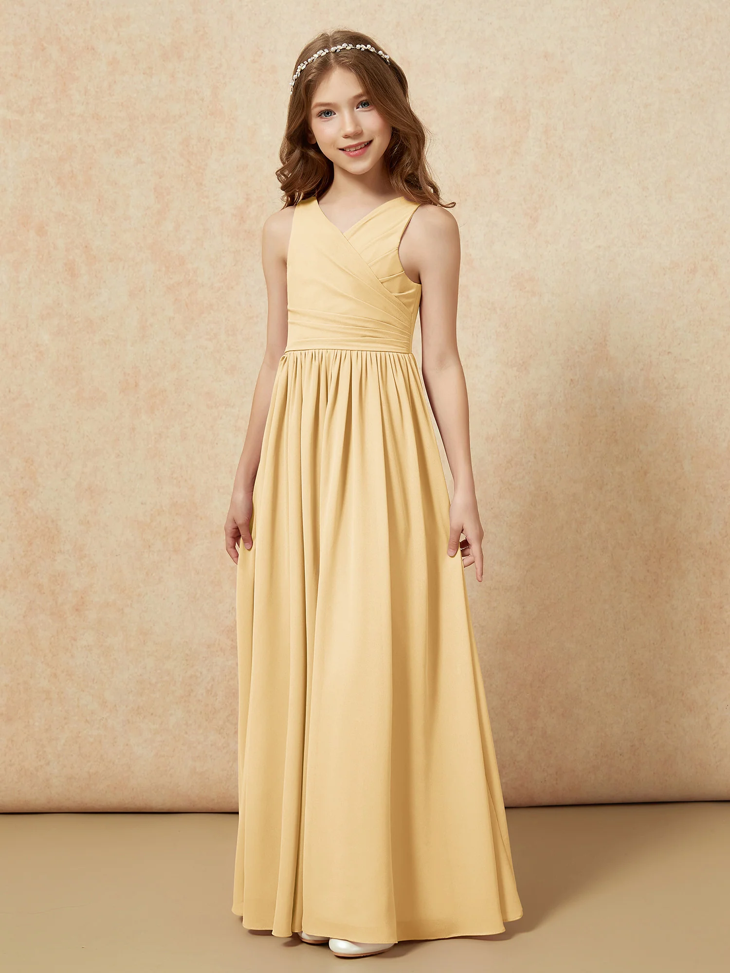 Pleated V-neck Chiffon Long Junior Bridesmaid Dresses Gold - Image 3
